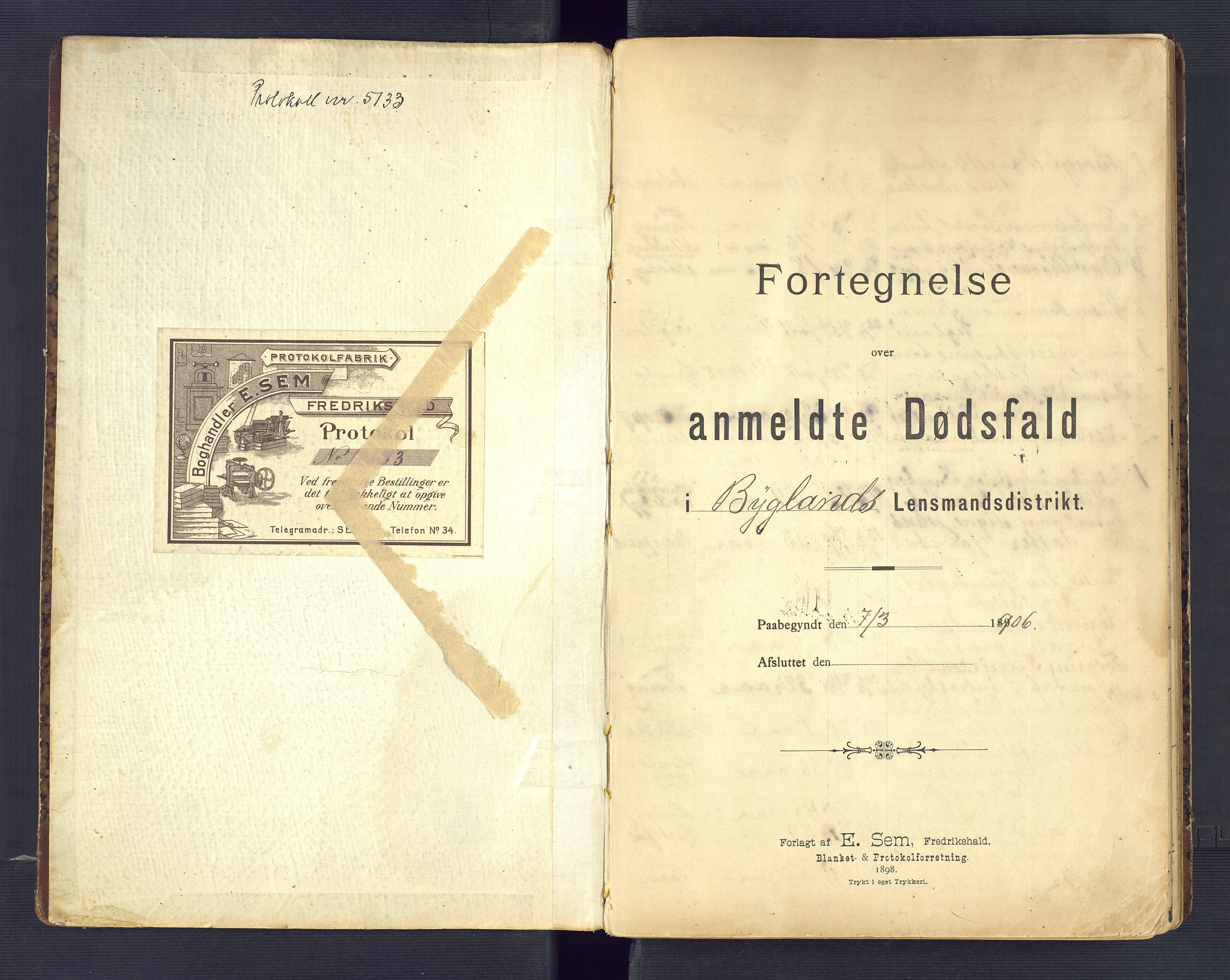 Bygland lensmannskontor, AV/SAK-1241-0006/F/Fe/L0003/0001: Dødsfall / Dødsfallsprotokoll, 1906-1948