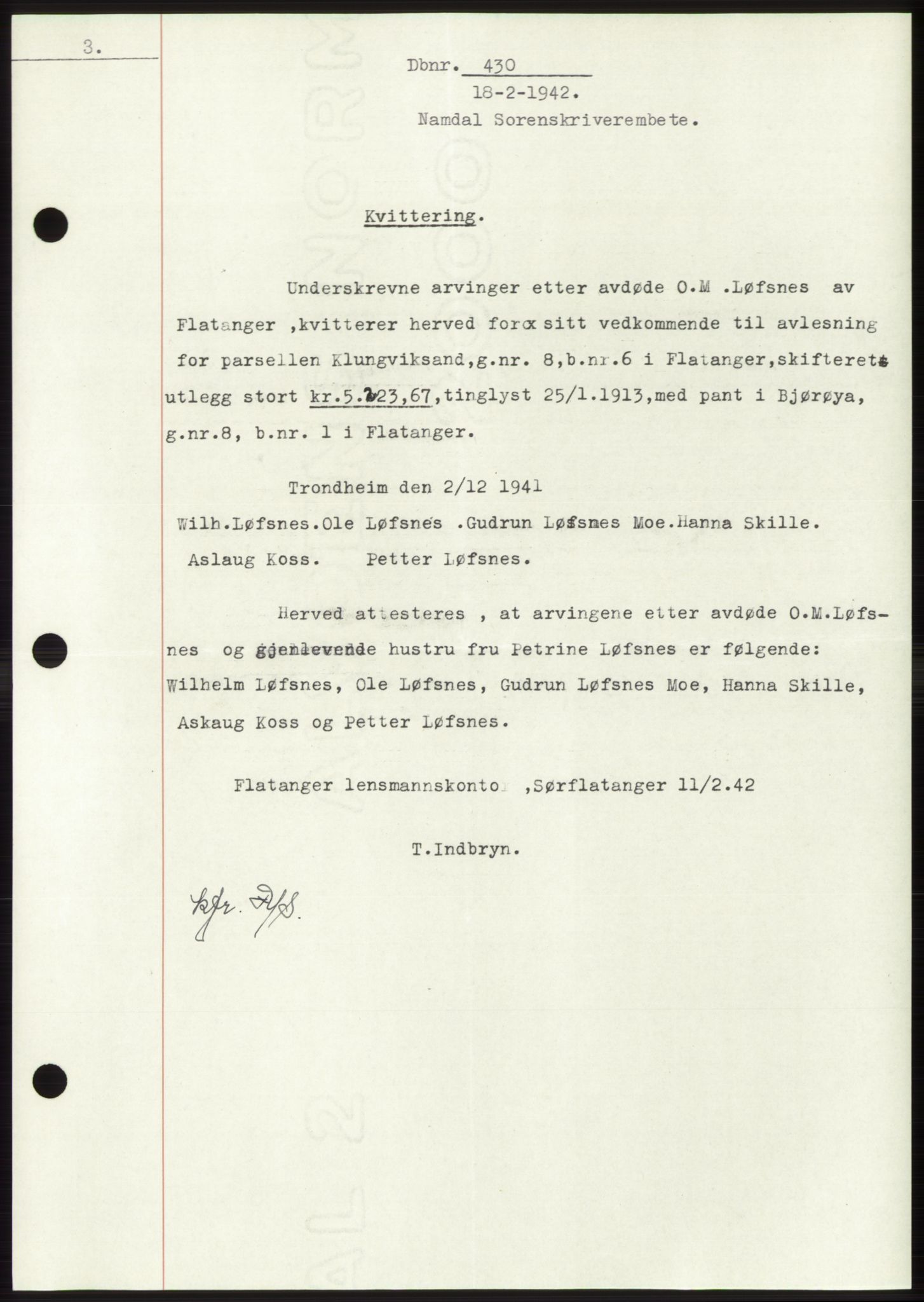 Namdal sorenskriveri, SAT/A-4133/1/2/2C: Pantebok nr. -, 1941-1942, Dagboknr: 430/1942