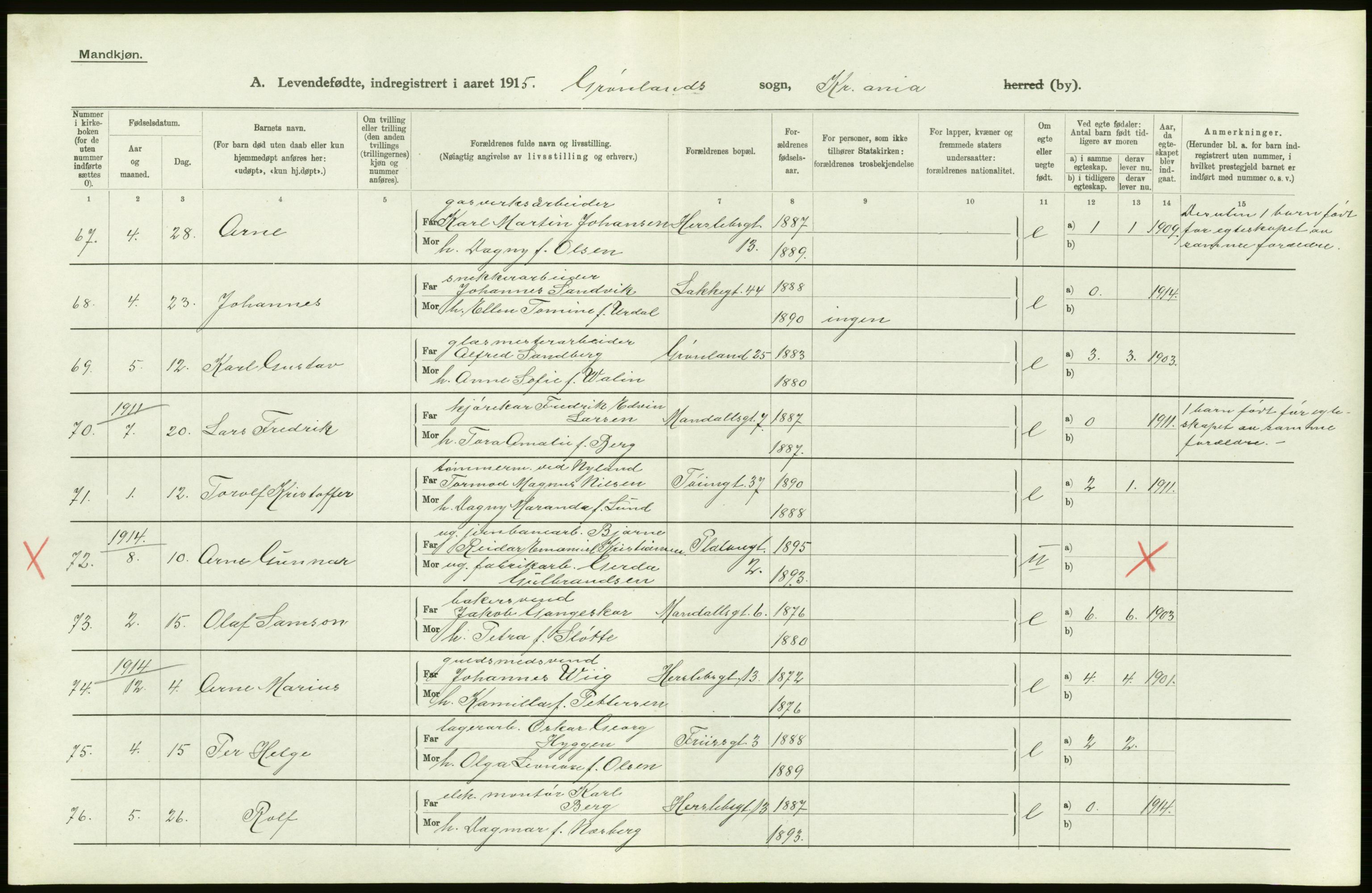 Statistisk sentralbyrå, Sosiodemografiske emner, Befolkning, AV/RA-S-2228/D/Df/Dfb/Dfbe/L0006: Kristiania: Levendefødte menn og kvinner., 1915, s. 704