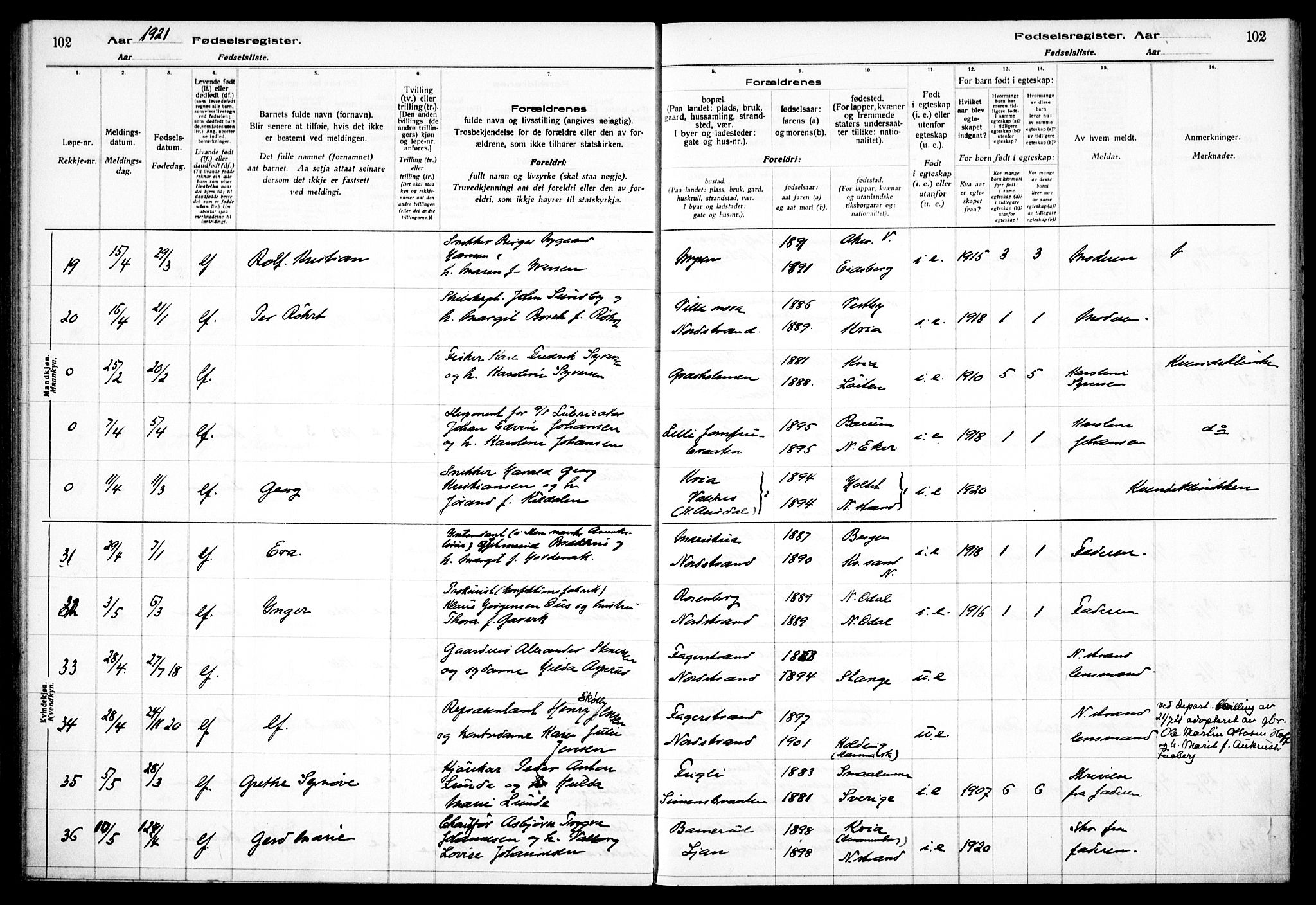 Nordstrand prestekontor Kirkebøker, AV/SAO-A-10362a/J/Ja/L0001: Fødselsregister nr. I 1, 1916-1924, s. 102