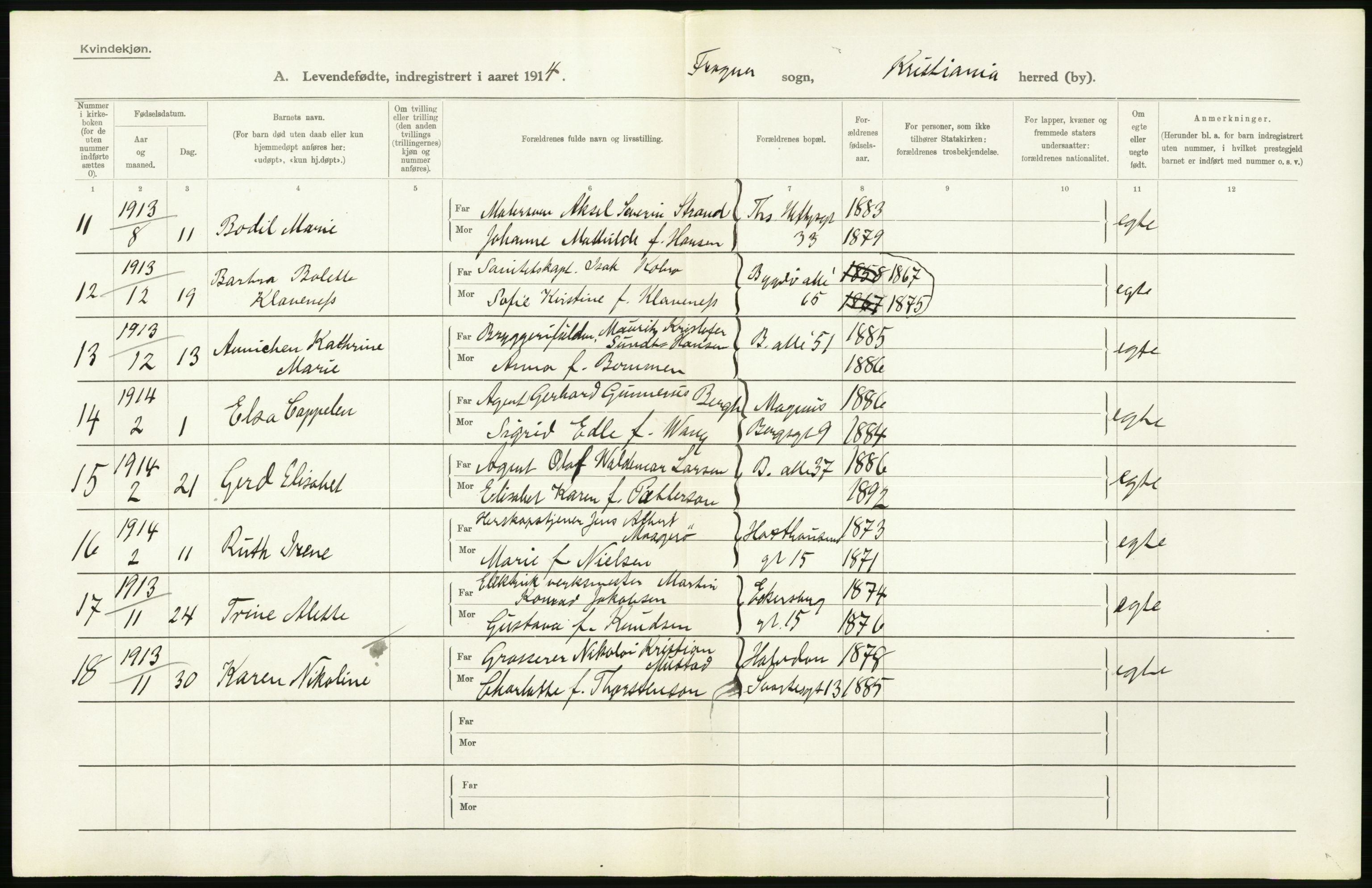 Statistisk sentralbyrå, Sosiodemografiske emner, Befolkning, RA/S-2228/D/Df/Dfb/Dfbd/L0006: Kristiania: Levendefødte menn og kvinner., 1914, s. 202