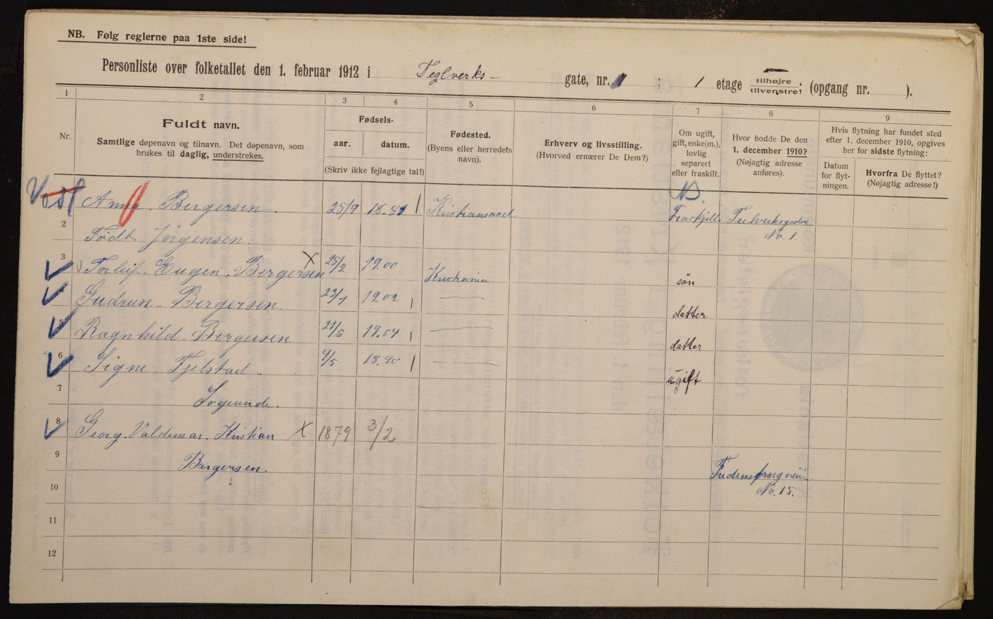 OBA, Kommunal folketelling 1.2.1912 for Kristiania, 1912, s. 107400