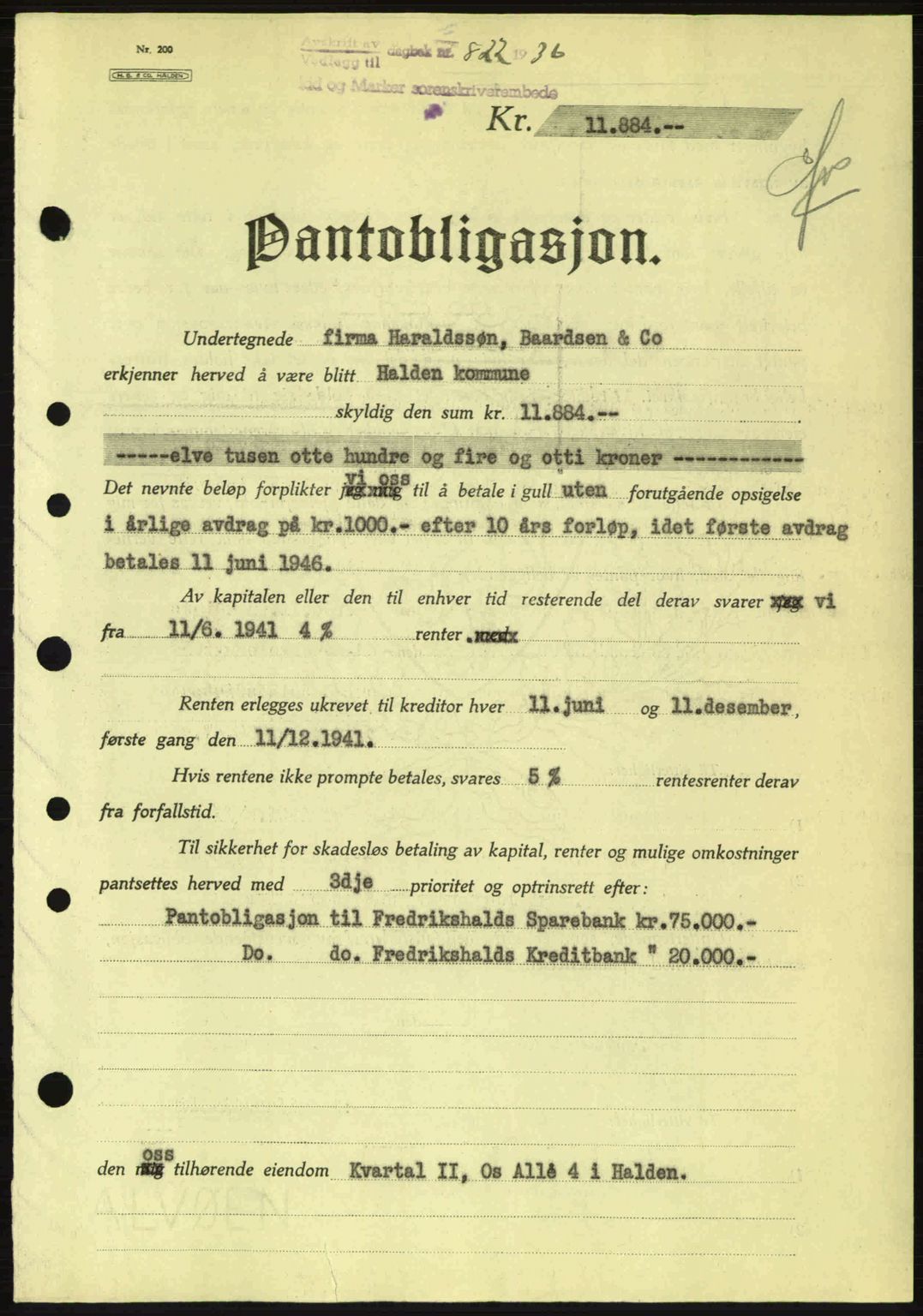 Idd og Marker sorenskriveri, AV/SAO-A-10283/G/Gb/Gbc/L0001: Pantebok nr. B1-3, 1936-1939, Dagboknr: 822/1936