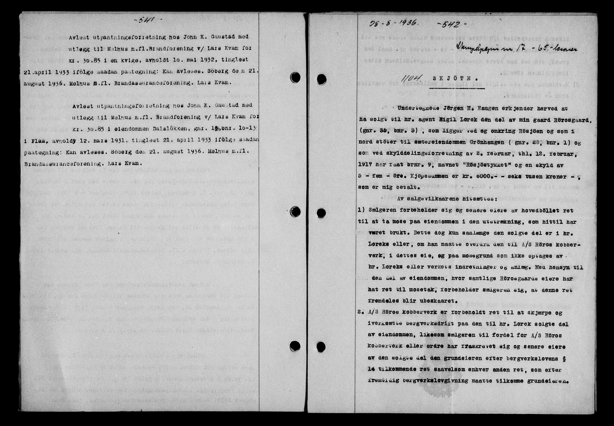 Gauldal sorenskriveri, SAT/A-0014/1/2/2C/L0046: Pantebok nr. 49-50, 1936-1937, Dagboknr: 1104/1936
