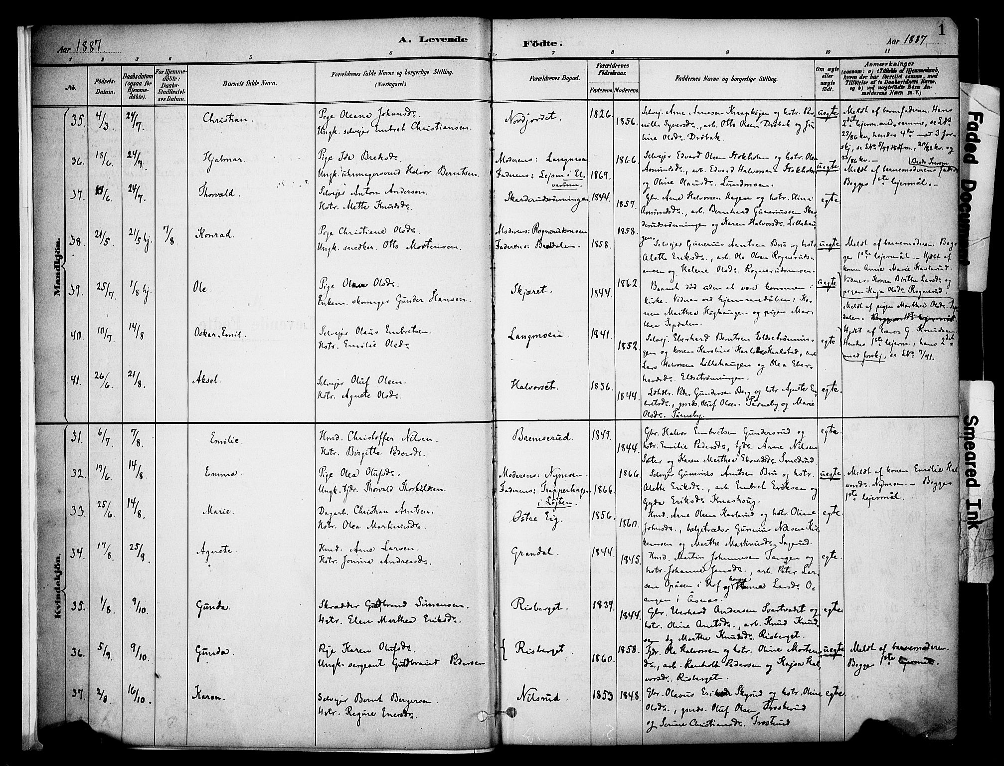 Våler prestekontor, Hedmark, AV/SAH-PREST-040/H/Ha/Haa/L0005: Ministerialbok nr. 5, 1887-1905, s. 1