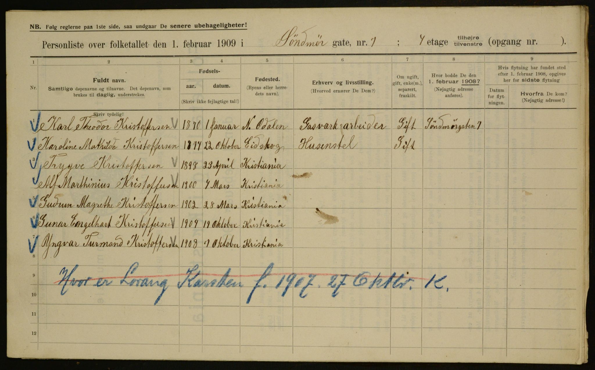 OBA, Kommunal folketelling 1.2.1909 for Kristiania kjøpstad, 1909, s. 94738