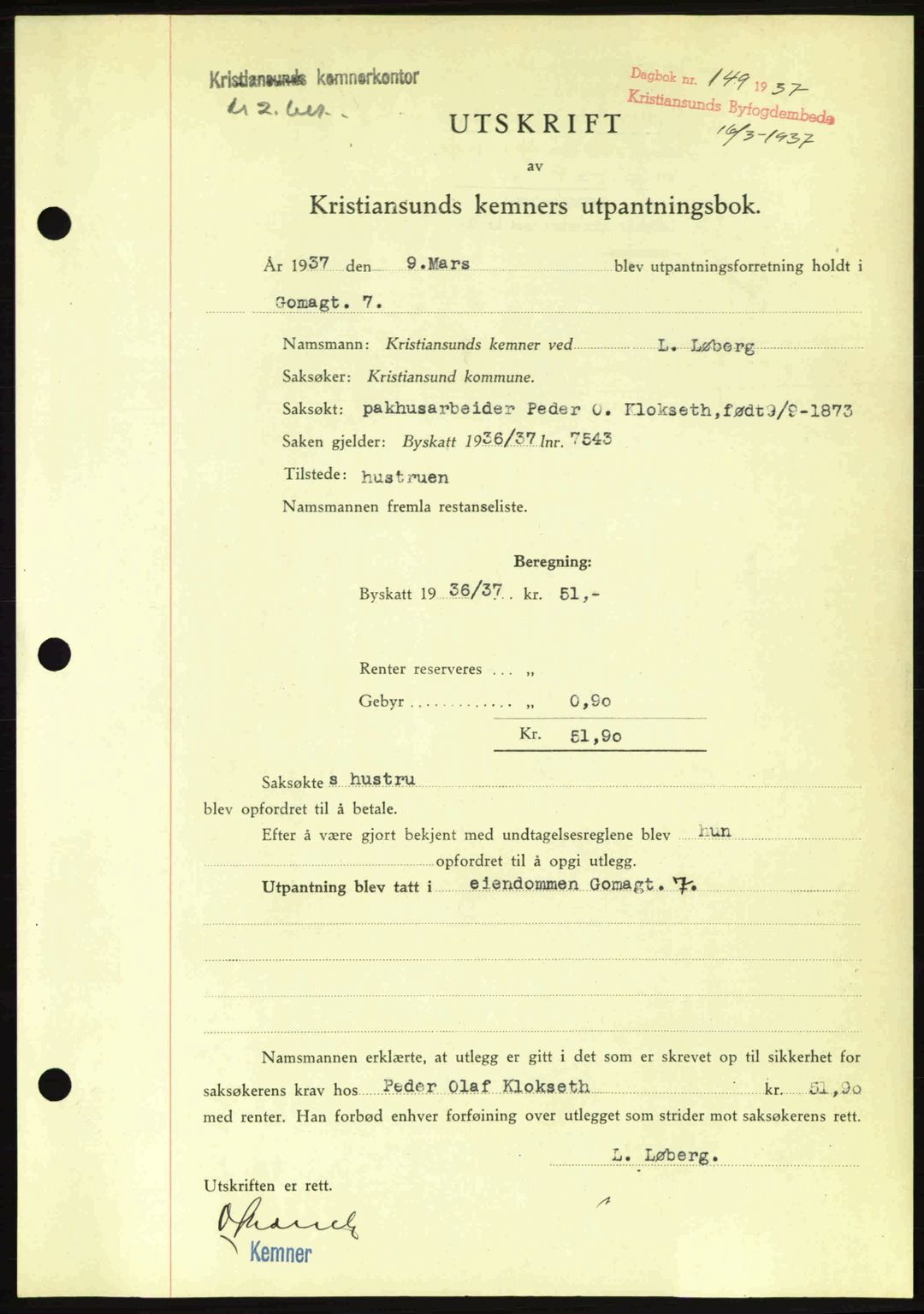 Kristiansund byfogd, SAT/A-4587/A/27: Pantebok nr. 29, 1936-1937, Dagboknr: 149/1937