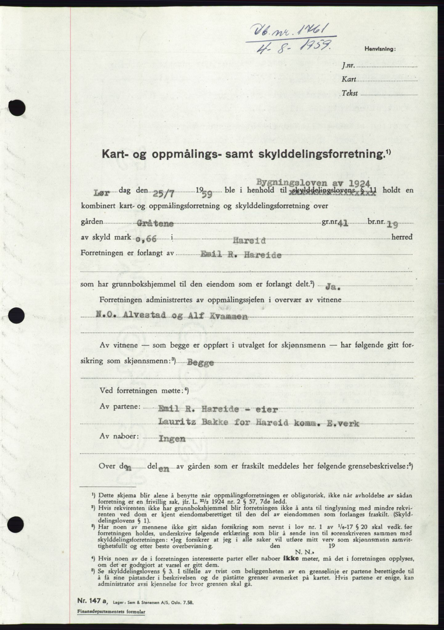 Søre Sunnmøre sorenskriveri, AV/SAT-A-4122/1/2/2C/L0113: Pantebok nr. 39A, 1959-1959, Dagboknr: 1761/1959