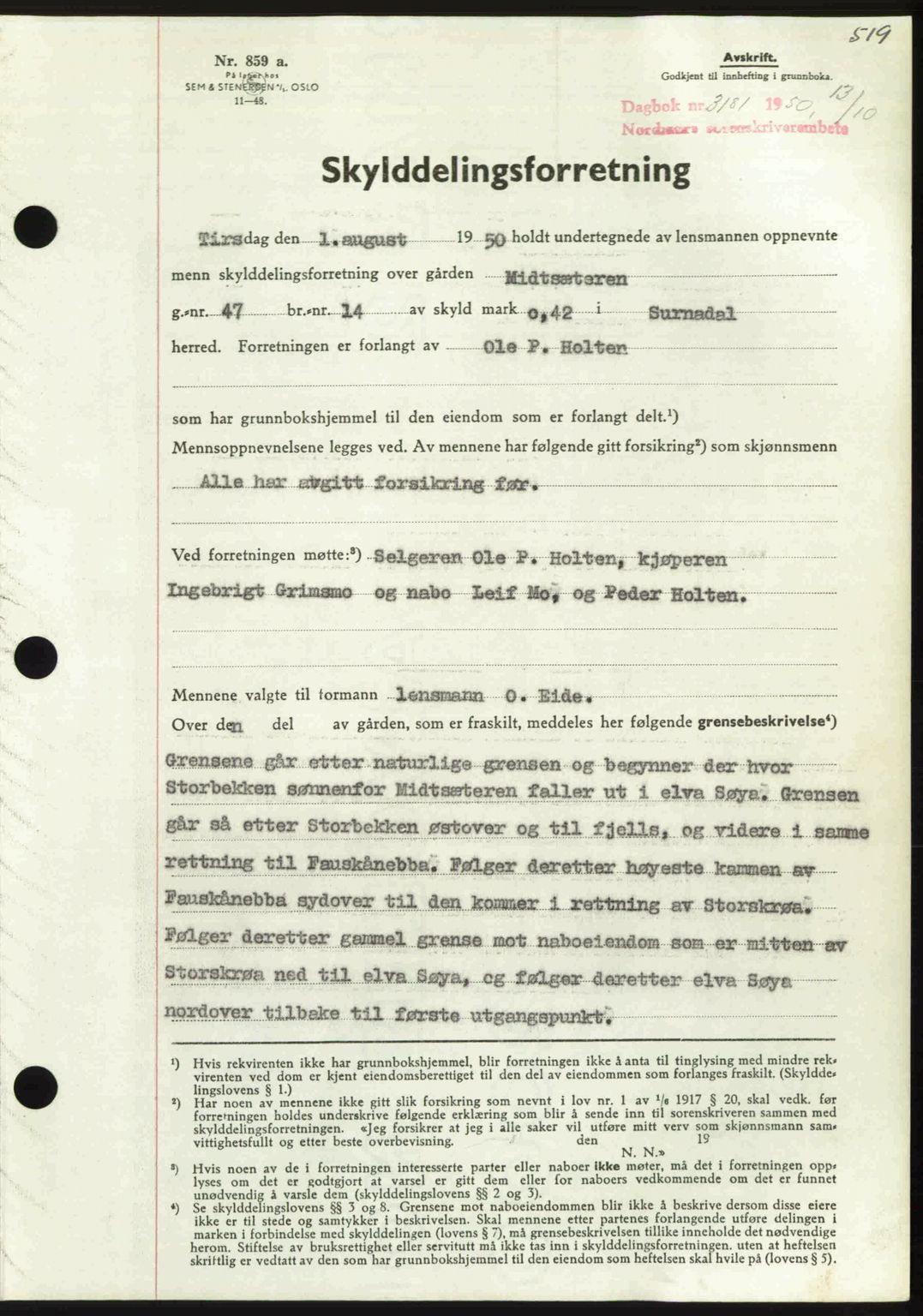 Nordmøre sorenskriveri, SAT/A-4132/1/2/2Ca: Pantebok nr. A116, 1950-1950, Dagboknr: 3181/1950