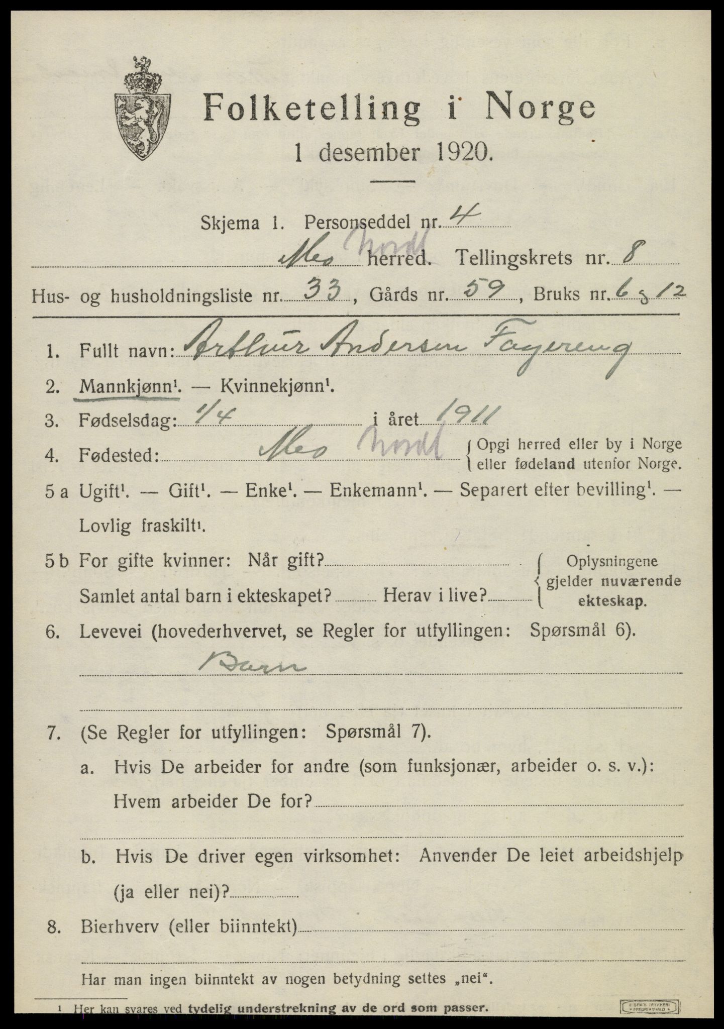 SAT, Folketelling 1920 for 1833 Mo herred, 1920, s. 8511