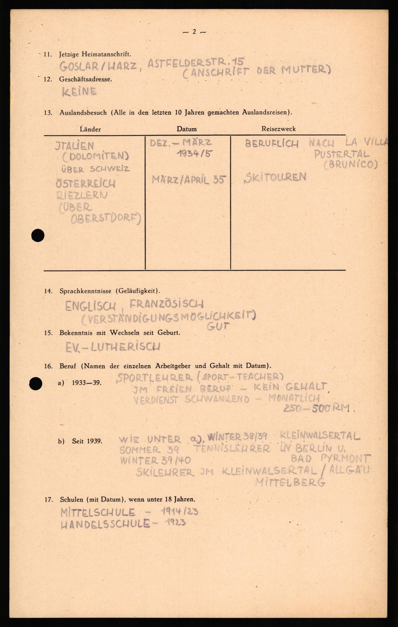 Forsvaret, Forsvarets overkommando II, RA/RAFA-3915/D/Db/L0022: CI Questionaires. Tyske okkupasjonsstyrker i Norge. Tyskere., 1945-1946, s. 83