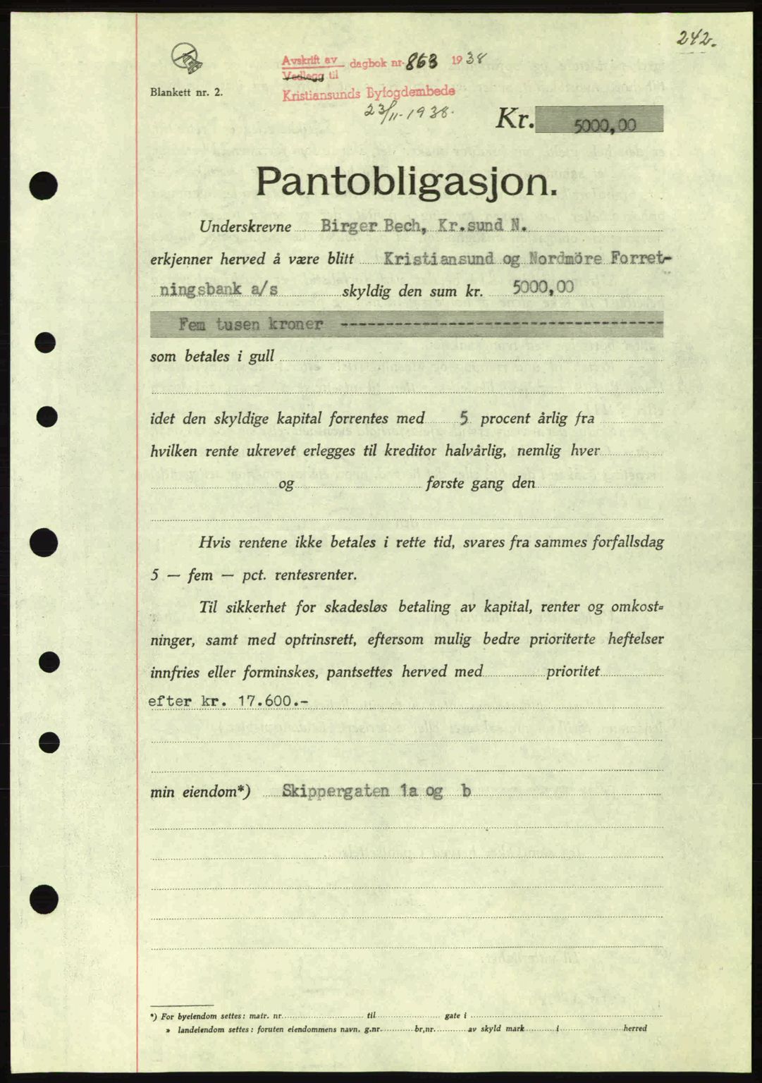 Kristiansund byfogd, SAT/A-4587/A/27: Pantebok nr. 31, 1938-1939, Dagboknr: 863/1938