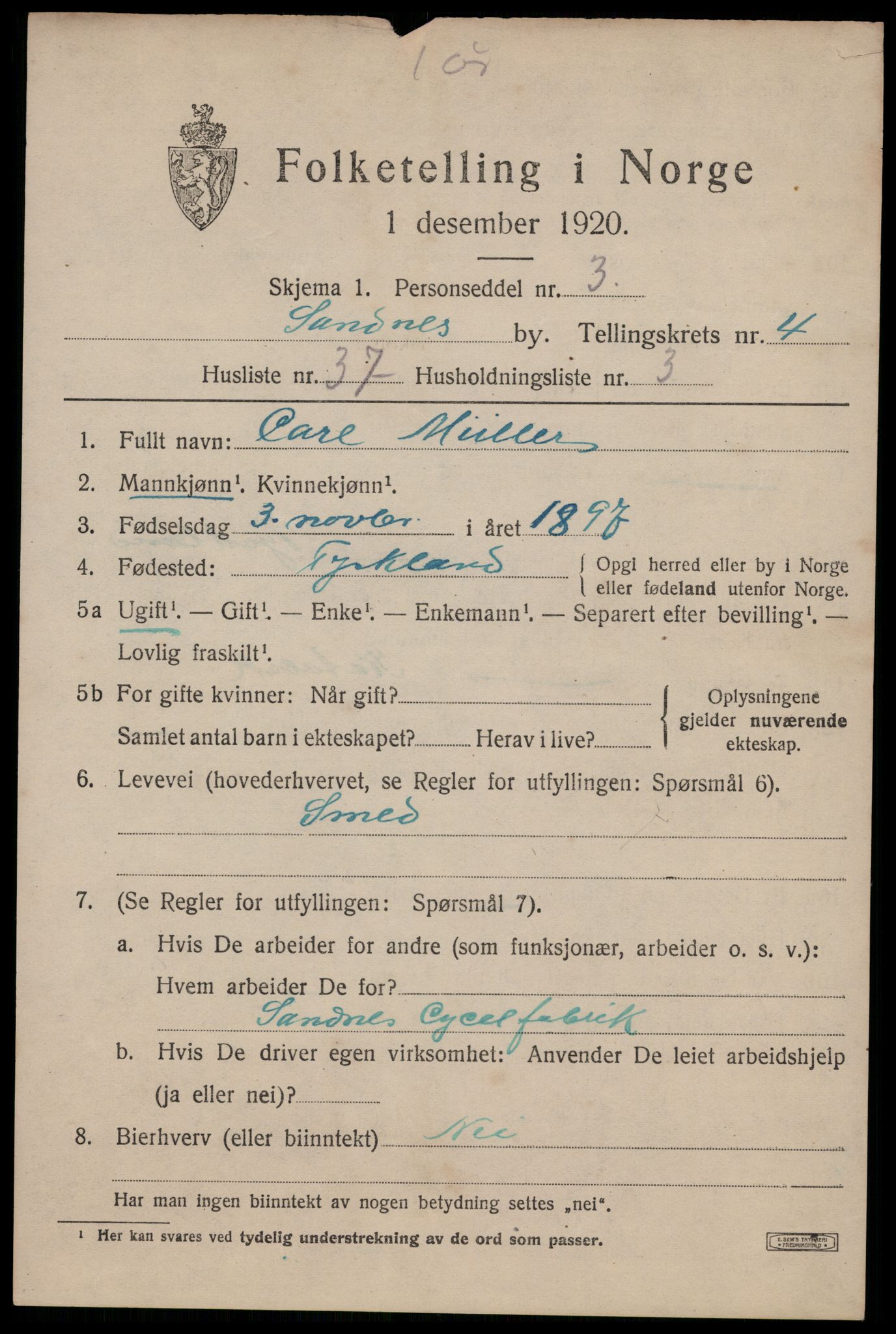 SAST, Folketelling 1920 for 1102 Sandnes ladested, 1920, s. 4620