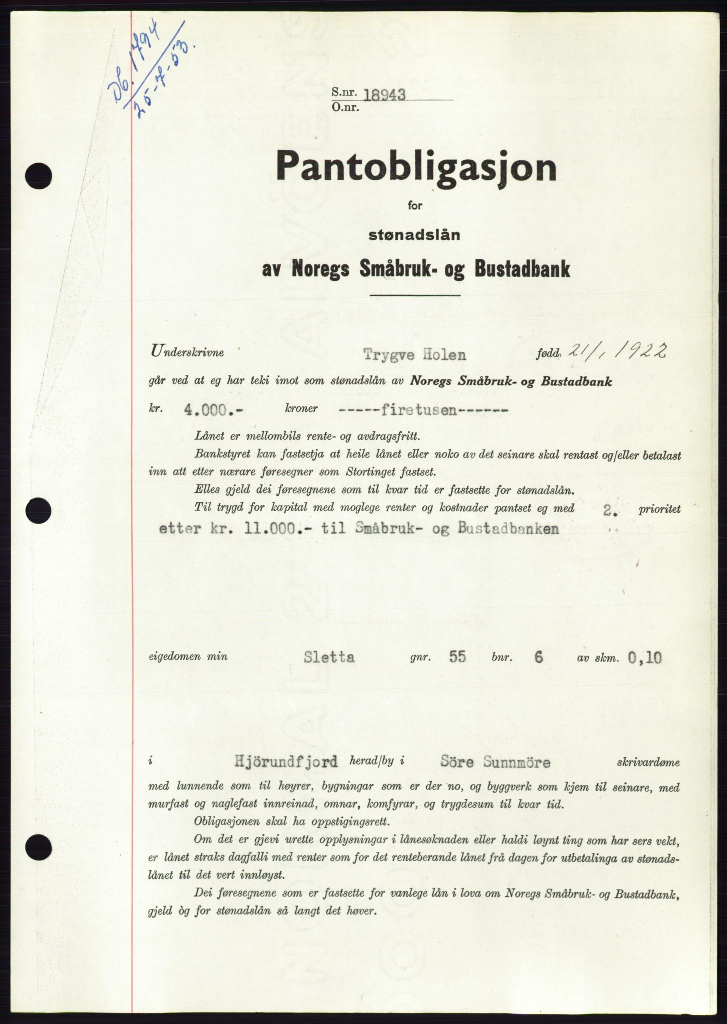 Søre Sunnmøre sorenskriveri, SAT/A-4122/1/2/2C/L0123: Pantebok nr. 11B, 1953-1953, Dagboknr: 1794/1953