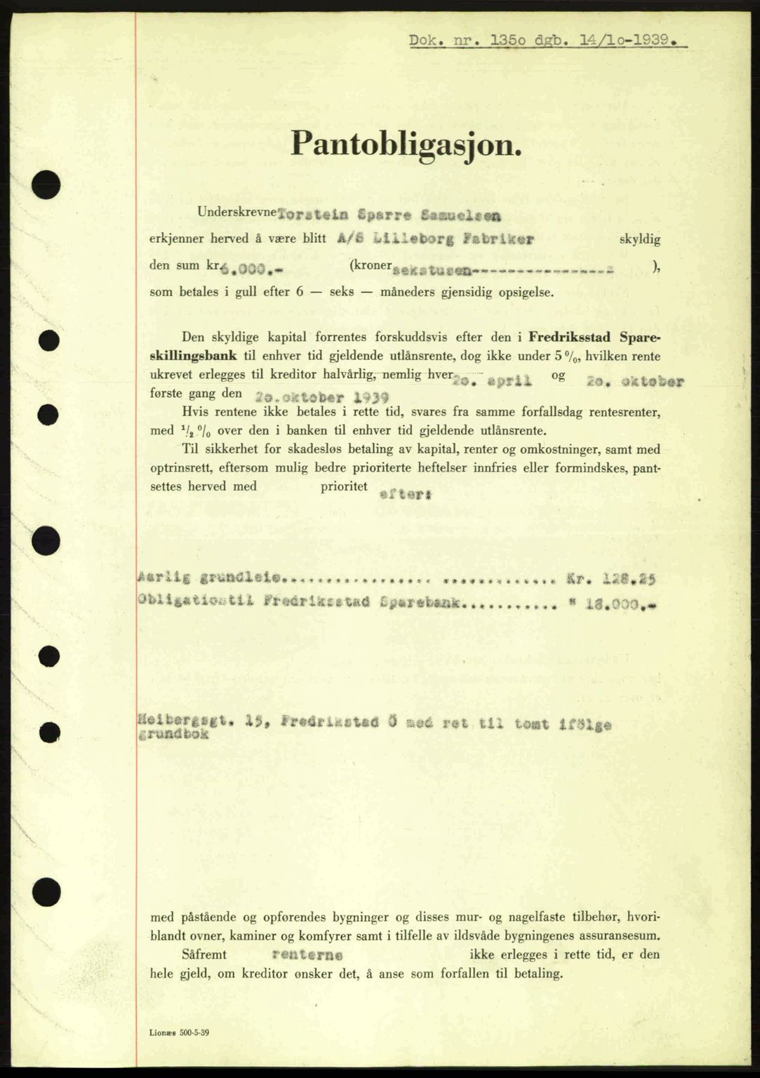 Fredrikstad byfogd, SAO/A-10473a/G/Ga/Gad/L0002: Pantebok nr. B2, 1938-1939, Dagboknr: 1350/1939