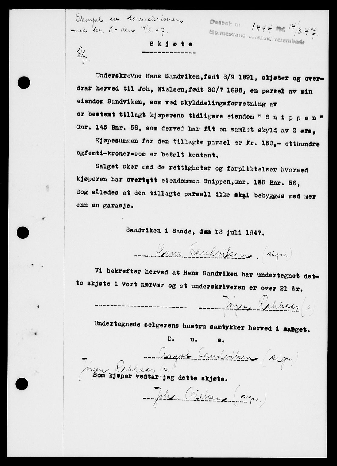 Holmestrand sorenskriveri, SAKO/A-67/G/Ga/Gaa/L0062: Pantebok nr. A-62, 1947-1947, Dagboknr: 1484/1947
