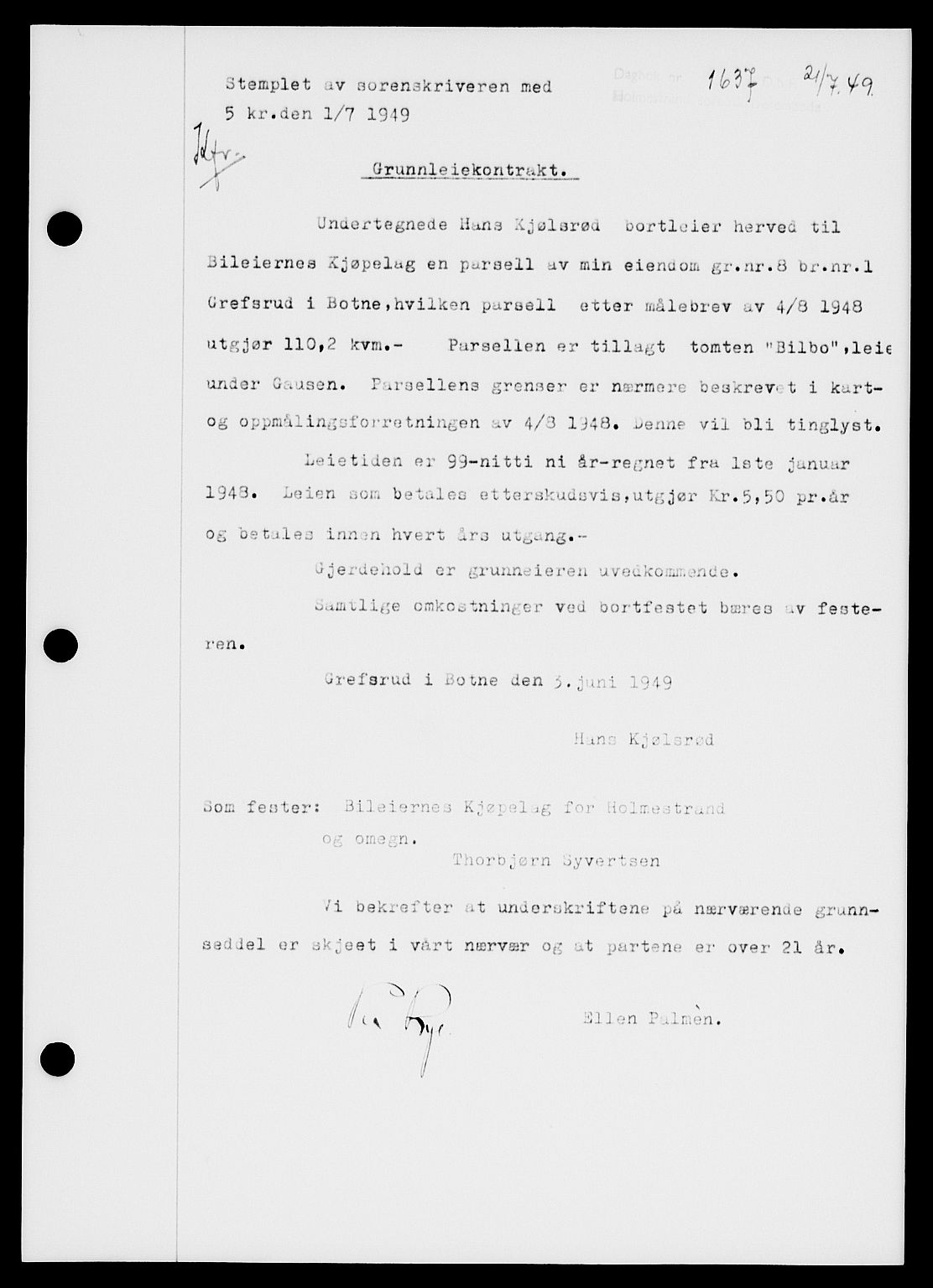 Holmestrand sorenskriveri, SAKO/A-67/G/Ga/Gaa/L0067: Pantebok nr. A-67, 1949-1949, Dagboknr: 1637/1949