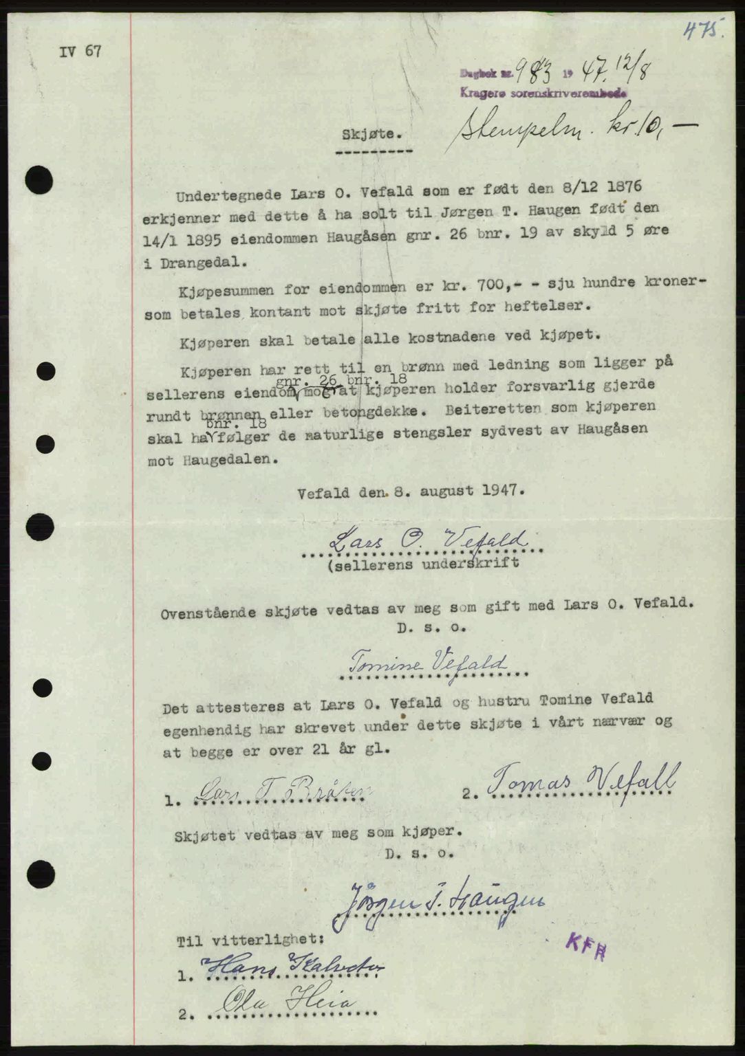 Kragerø sorenskriveri, SAKO/A-65/G/Ga/Gab/L0061: Pantebok nr. A-61, 1947-1947, Dagboknr: 983/1947