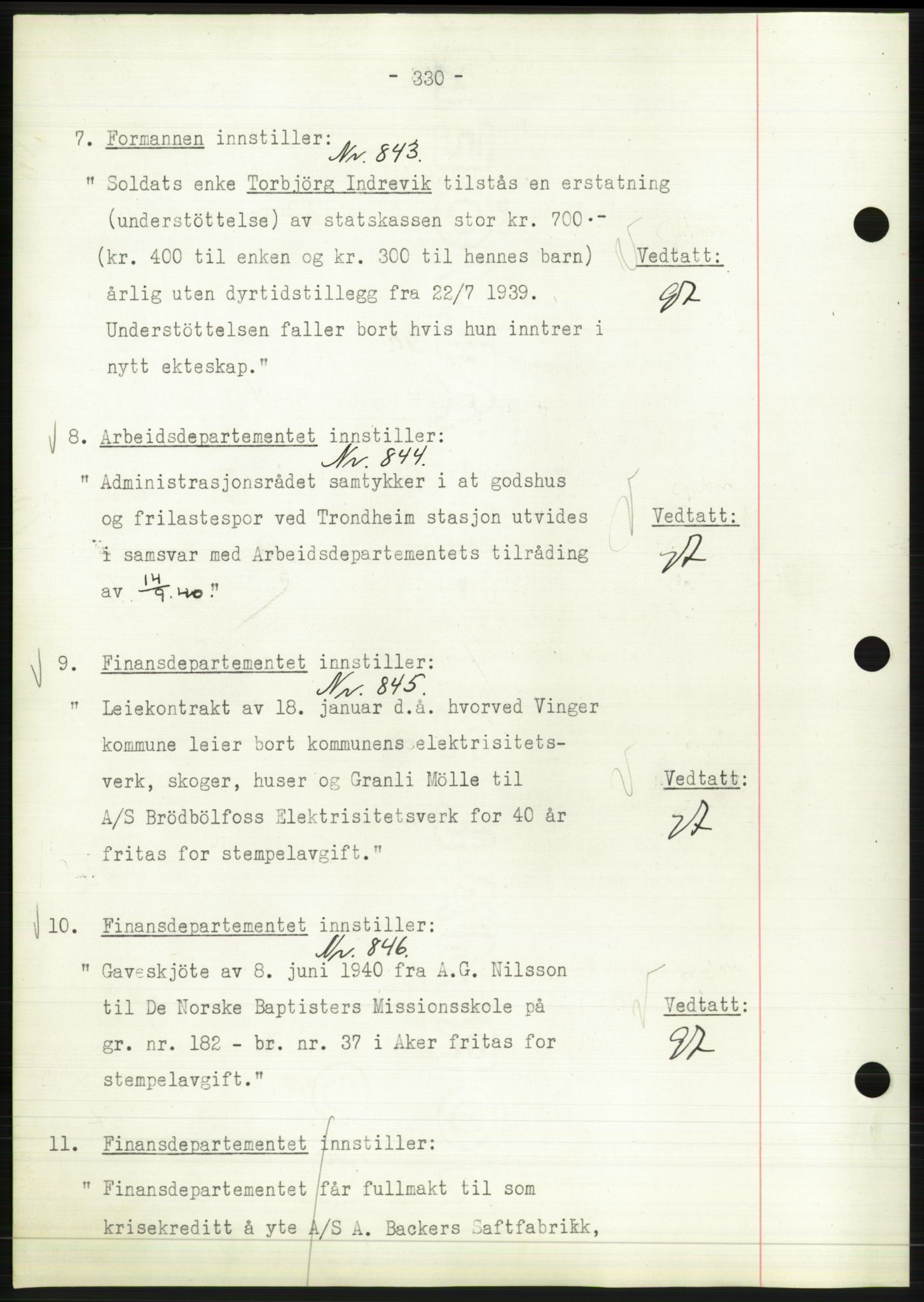 Administrasjonsrådet, AV/RA-S-1004/A/L0002: Vedtaksprotokoll 16/4-25/9, 1940, s. 334