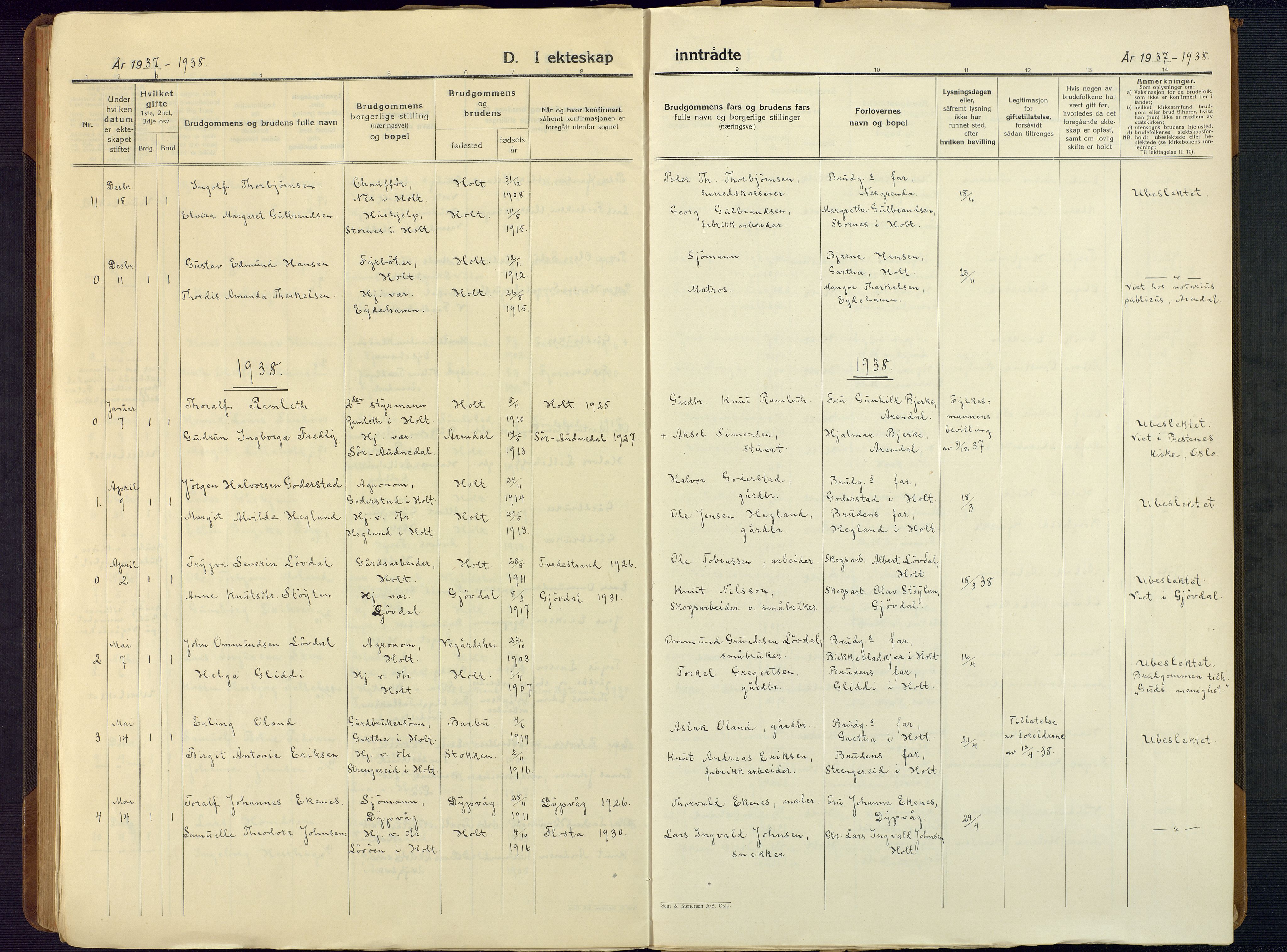 Holt sokneprestkontor, AV/SAK-1111-0021/F/Fb/L0012: Klokkerbok nr. B 12, 1919-1944