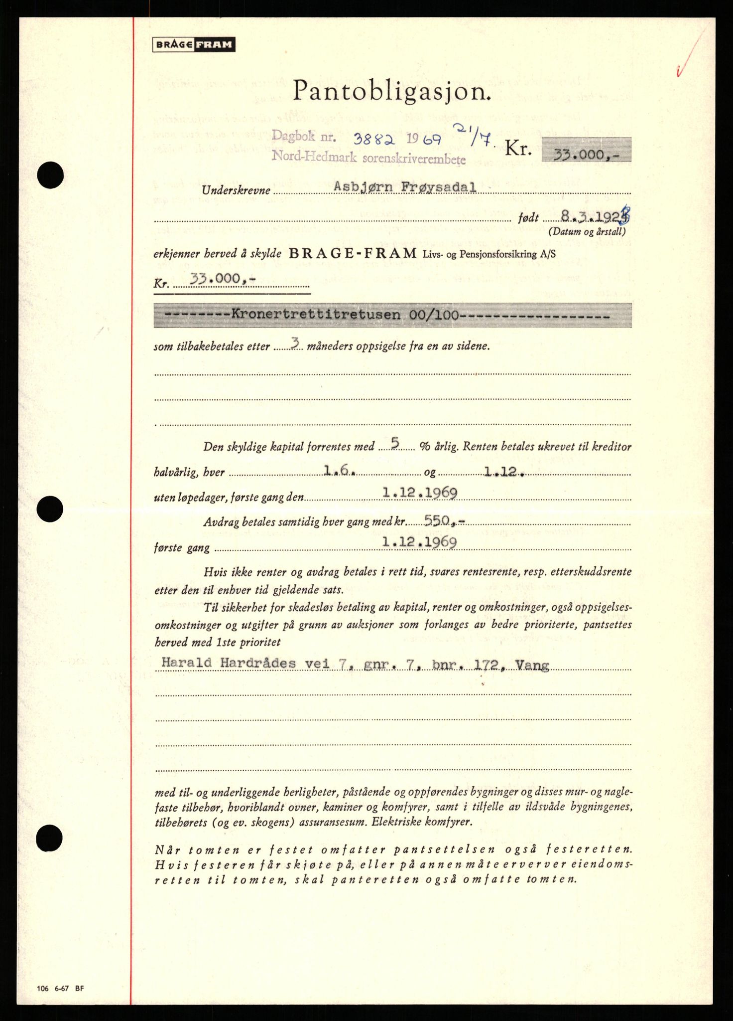 Nord-Hedmark sorenskriveri, SAH/TING-012/H/Hb/Hbf/L0080: Pantebok nr. B80, 1969-1969, Dagboknr: 3882/1969