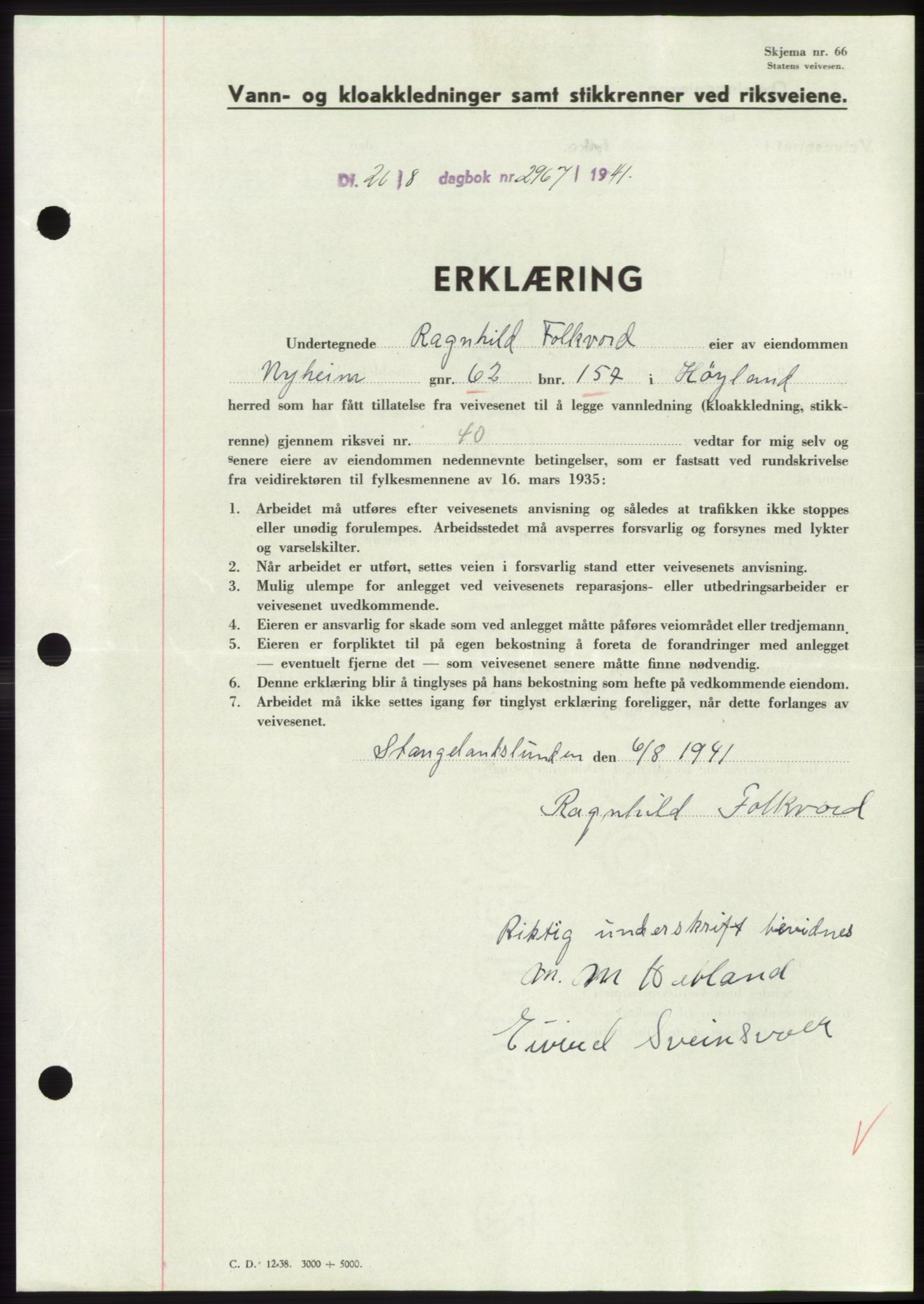 Jæren sorenskriveri, SAST/A-100310/03/G/Gba/L0080: Pantebok, 1941-1941, Dagboknr: 2967/1941