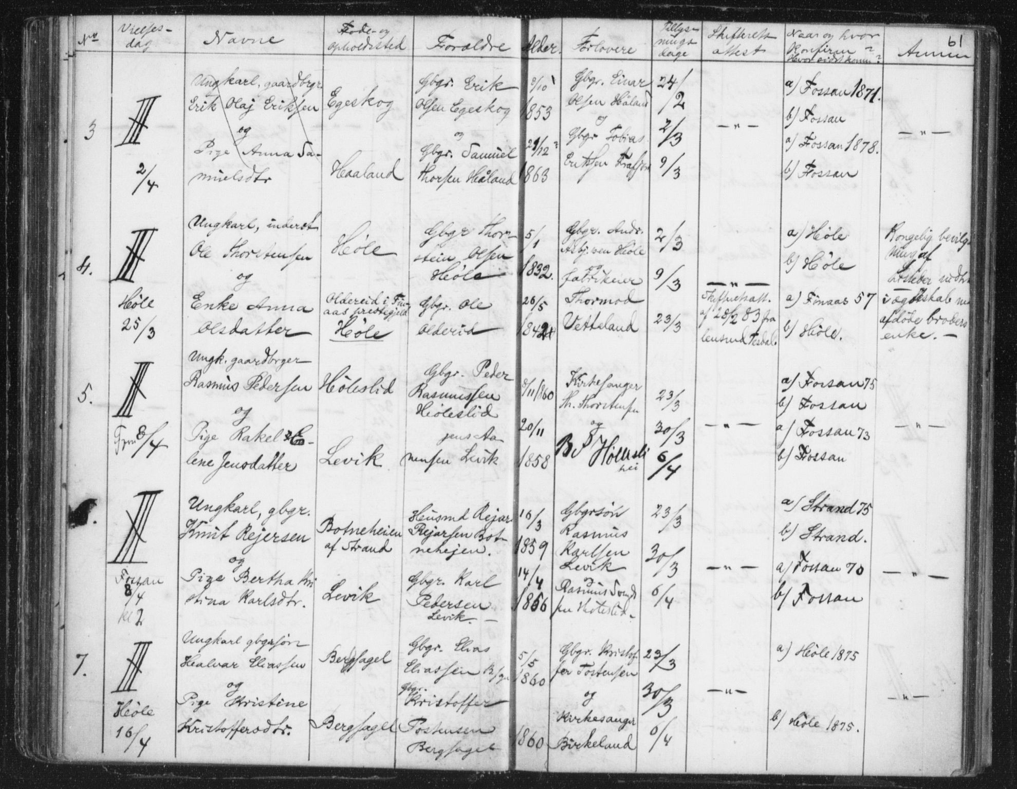 Høgsfjord sokneprestkontor, AV/SAST-A-101624/I/Ie/L0001: Lysningsprotokoll nr. 705.BA.1, 1871-1899, s. 61