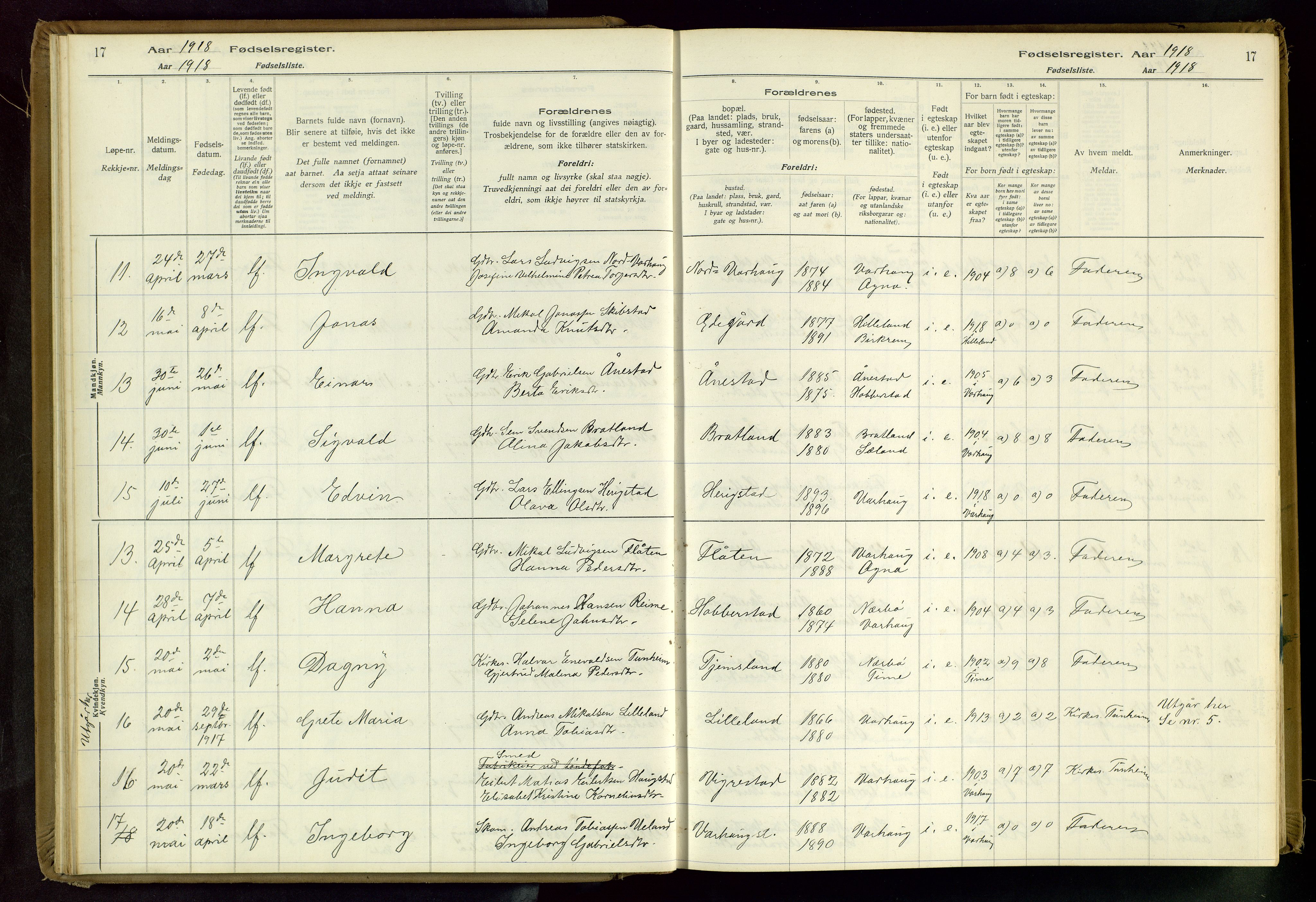 Hå sokneprestkontor, AV/SAST-A-101801/001/704BA/L0001: Fødselsregister nr. 1, 1916-1944, s. 17