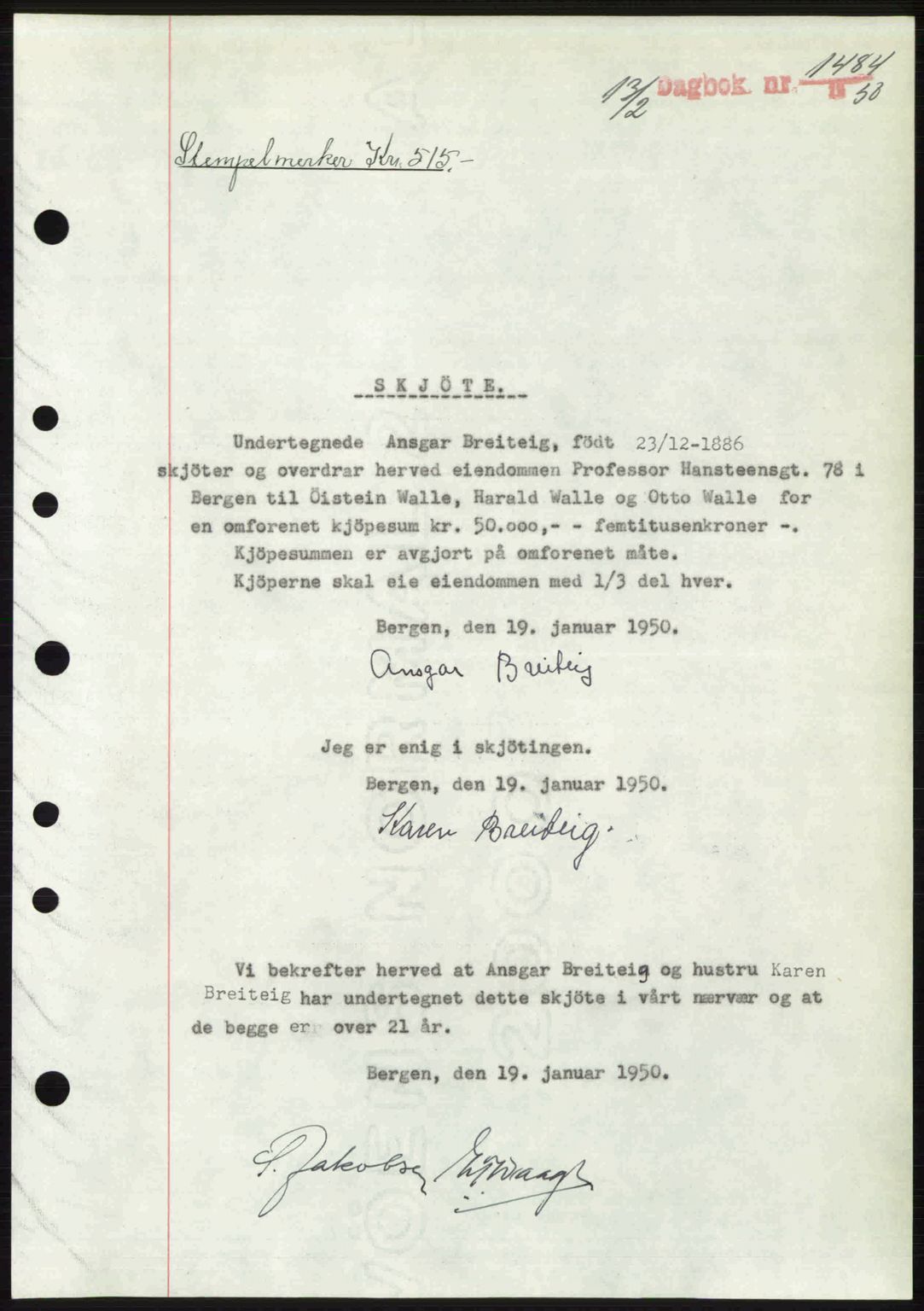 Byfogd og Byskriver i Bergen, AV/SAB-A-3401/03/03Bc/L0032: Pantebok nr. A26, 1950-1950, Dagboknr: 1484/1950