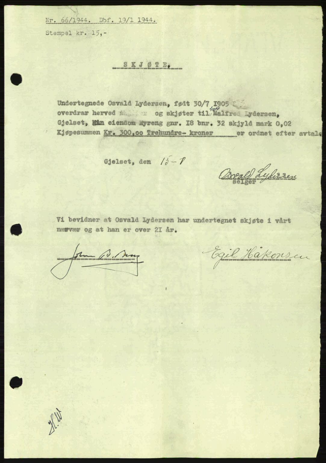 Salten sorenskriveri, AV/SAT-A-4578/1/2/2C: Pantebok nr. A14-15, 1943-1945, Dagboknr: 66/1944