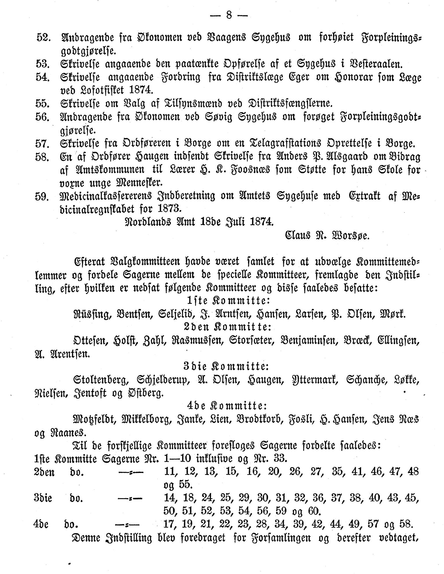 Nordland Fylkeskommune. Fylkestinget, AIN/NFK-17/176/A/Ac/L0009: Fylkestingsforhandlinger 1874, 1874