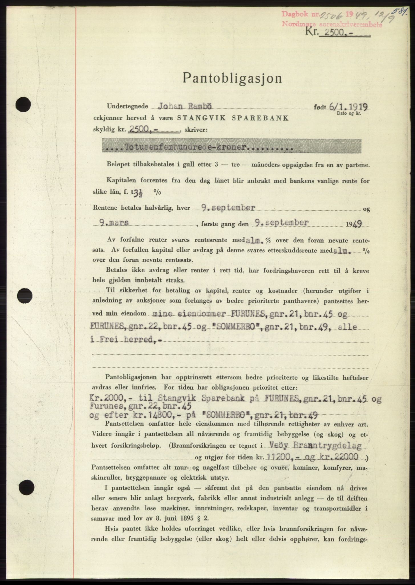 Nordmøre sorenskriveri, SAT/A-4132/1/2/2Ca: Pantebok nr. B102, 1949-1949, Dagboknr: 2506/1949