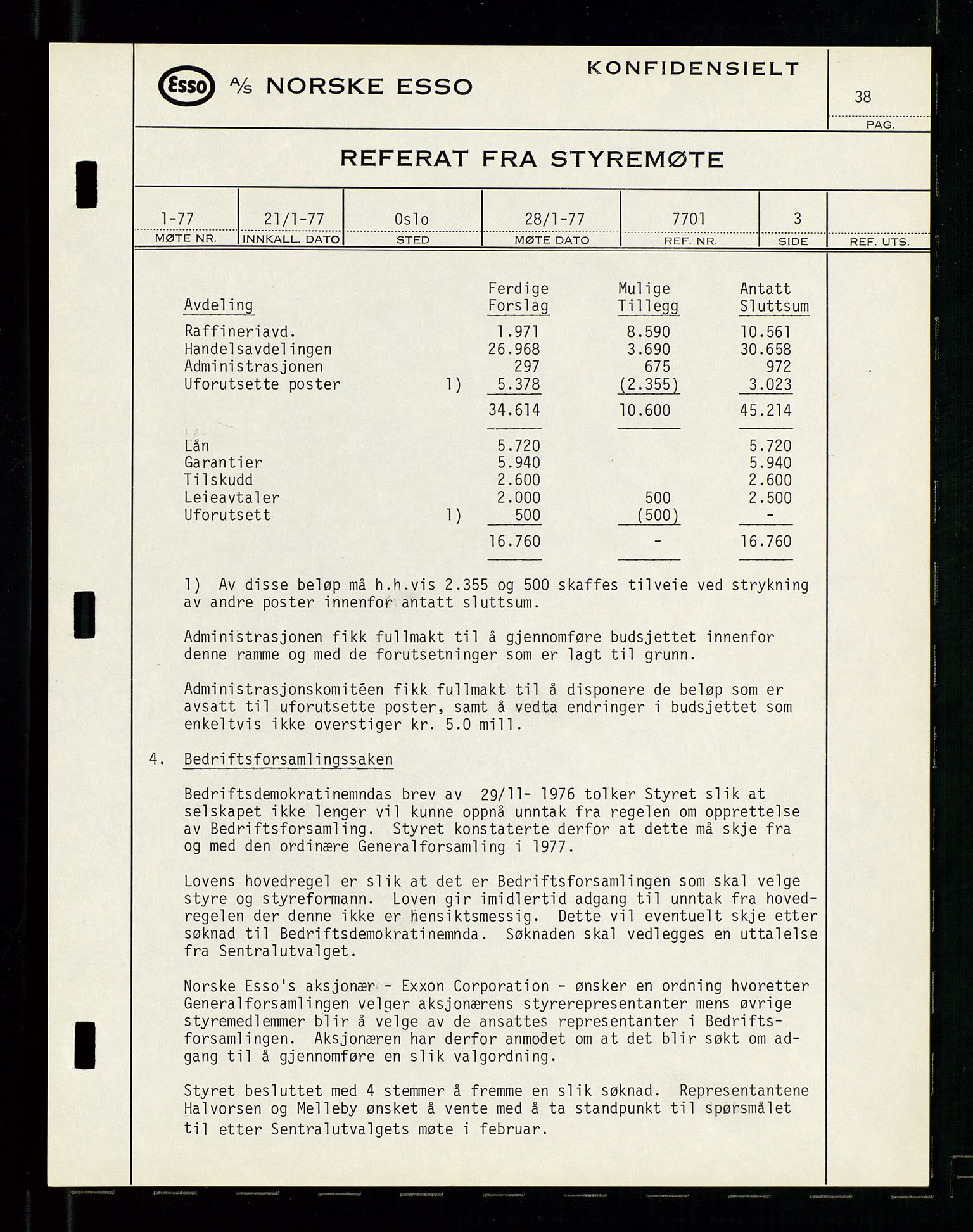 Pa 0982 - Esso Norge A/S, AV/SAST-A-100448/A/Aa/L0003/0003: Den administrerende direksjon Board minutes (styrereferater) og Bedriftforsamlingsprotokoll / Den administrerende direksjon Board minutes (styrereferater), 1975-1985, s. 38