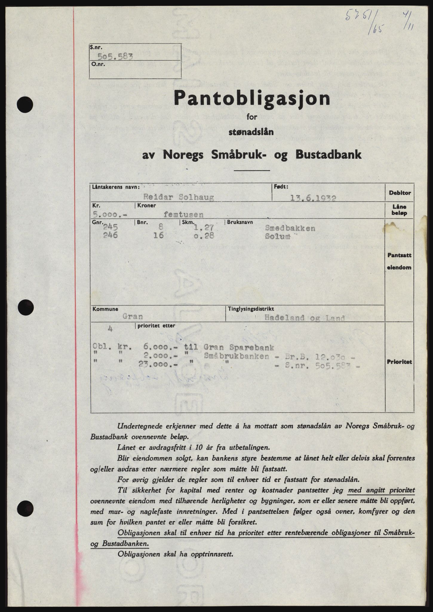Hadeland og Land tingrett, SAH/TING-010/H/Hb/Hbc/L0060: Pantebok nr. B60, 1965-1965, Dagboknr: 5751/1965