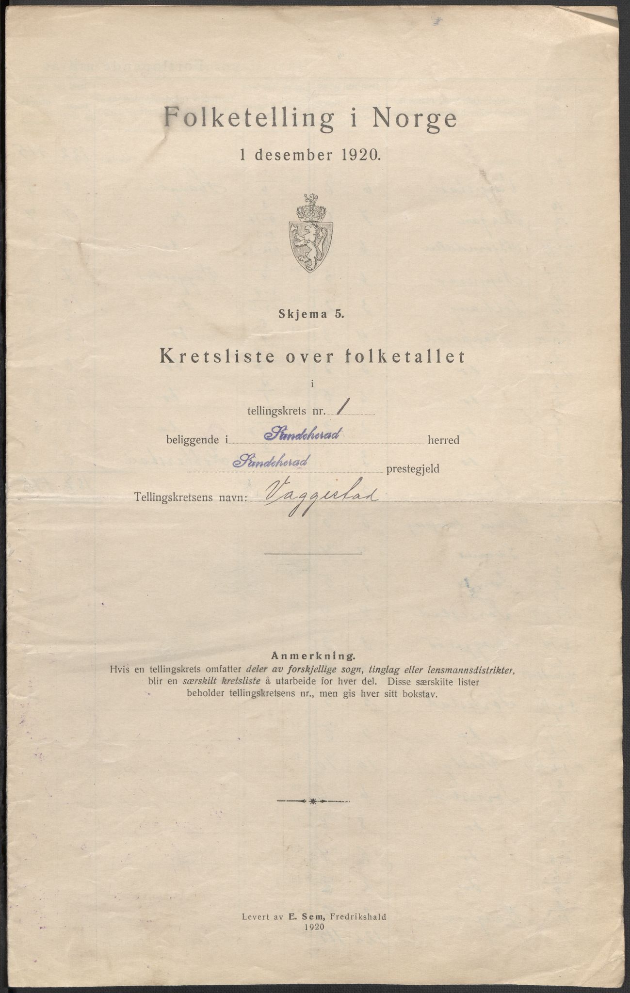 SAKO, Folketelling 1920 for 0724 Sandeherred herred, 1920, s. 5