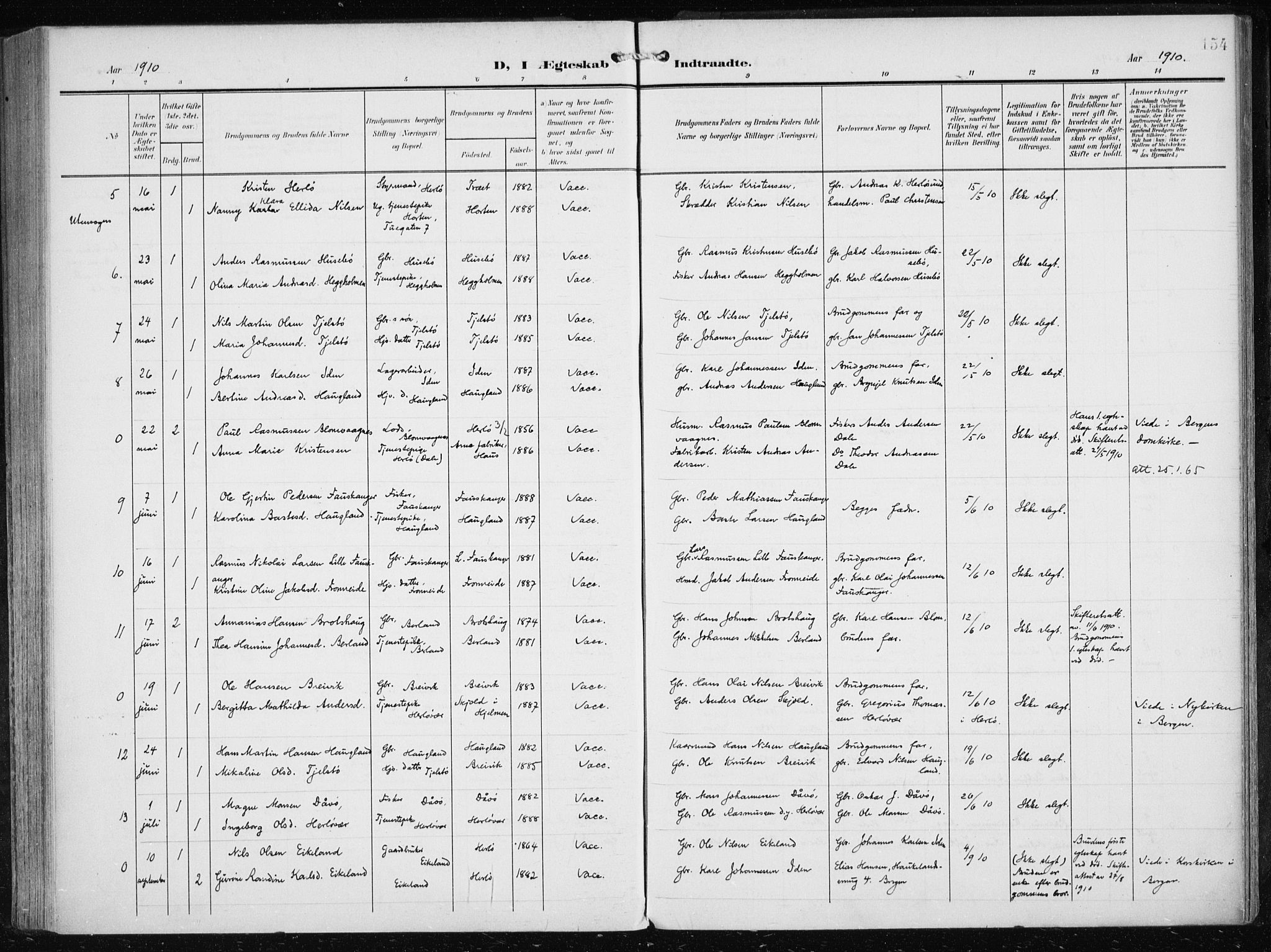 Herdla Sokneprestembete, SAB/A-75701/H/Haa: Ministerialbok nr. A 5, 1905-1918, s. 154