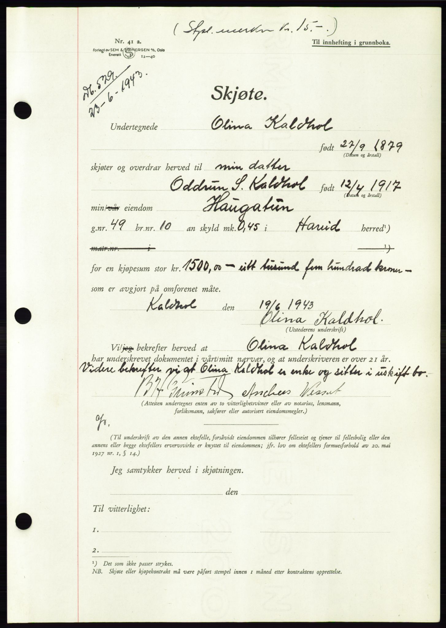 Søre Sunnmøre sorenskriveri, AV/SAT-A-4122/1/2/2C/L0075: Pantebok nr. 1A, 1943-1943, Dagboknr: 529/1943