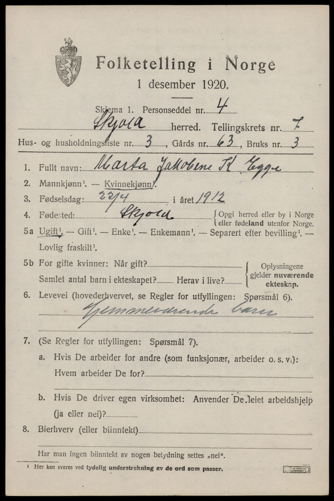 SAST, Folketelling 1920 for 1154 Skjold herred, 1920, s. 3910