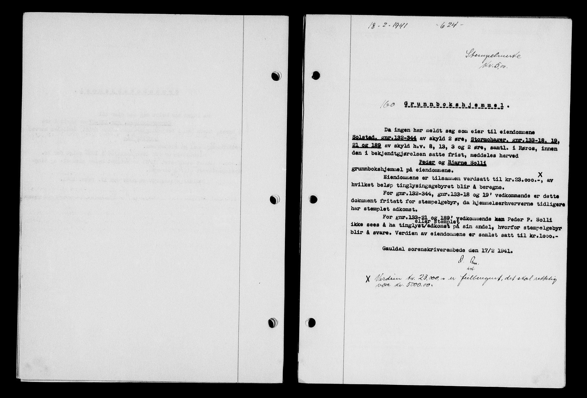 Gauldal sorenskriveri, SAT/A-0014/1/2/2C/L0052: Pantebok nr. 57, 1940-1941, Dagboknr: 160/1941