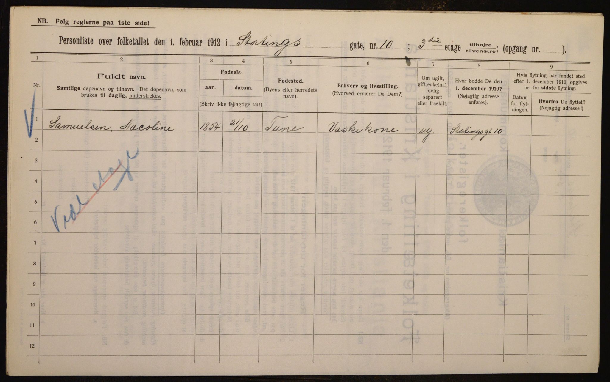 OBA, Kommunal folketelling 1.2.1912 for Kristiania, 1912, s. 103606