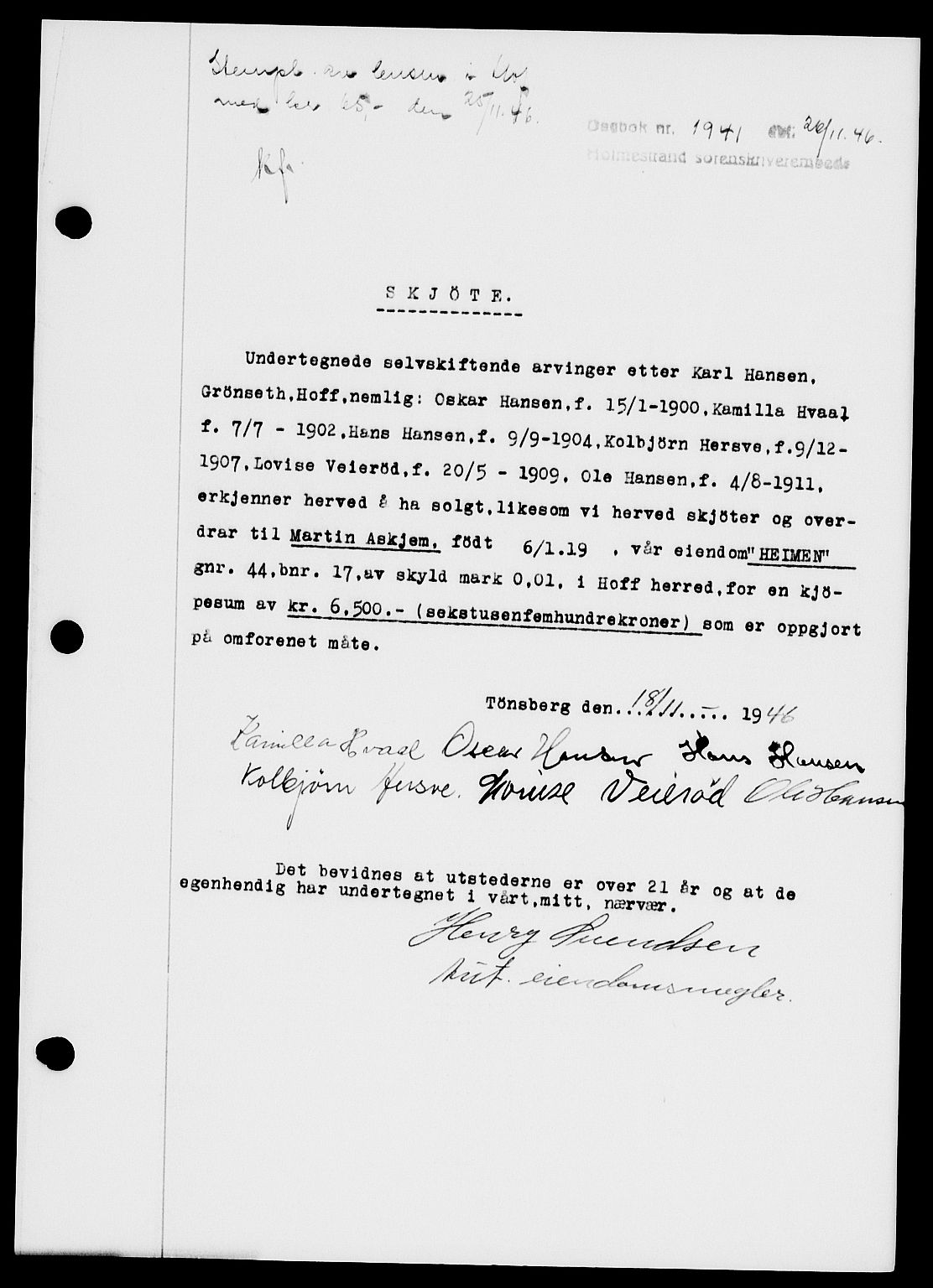 Holmestrand sorenskriveri, SAKO/A-67/G/Ga/Gaa/L0061: Pantebok nr. A-61, 1946-1947, Dagboknr: 1941/1946