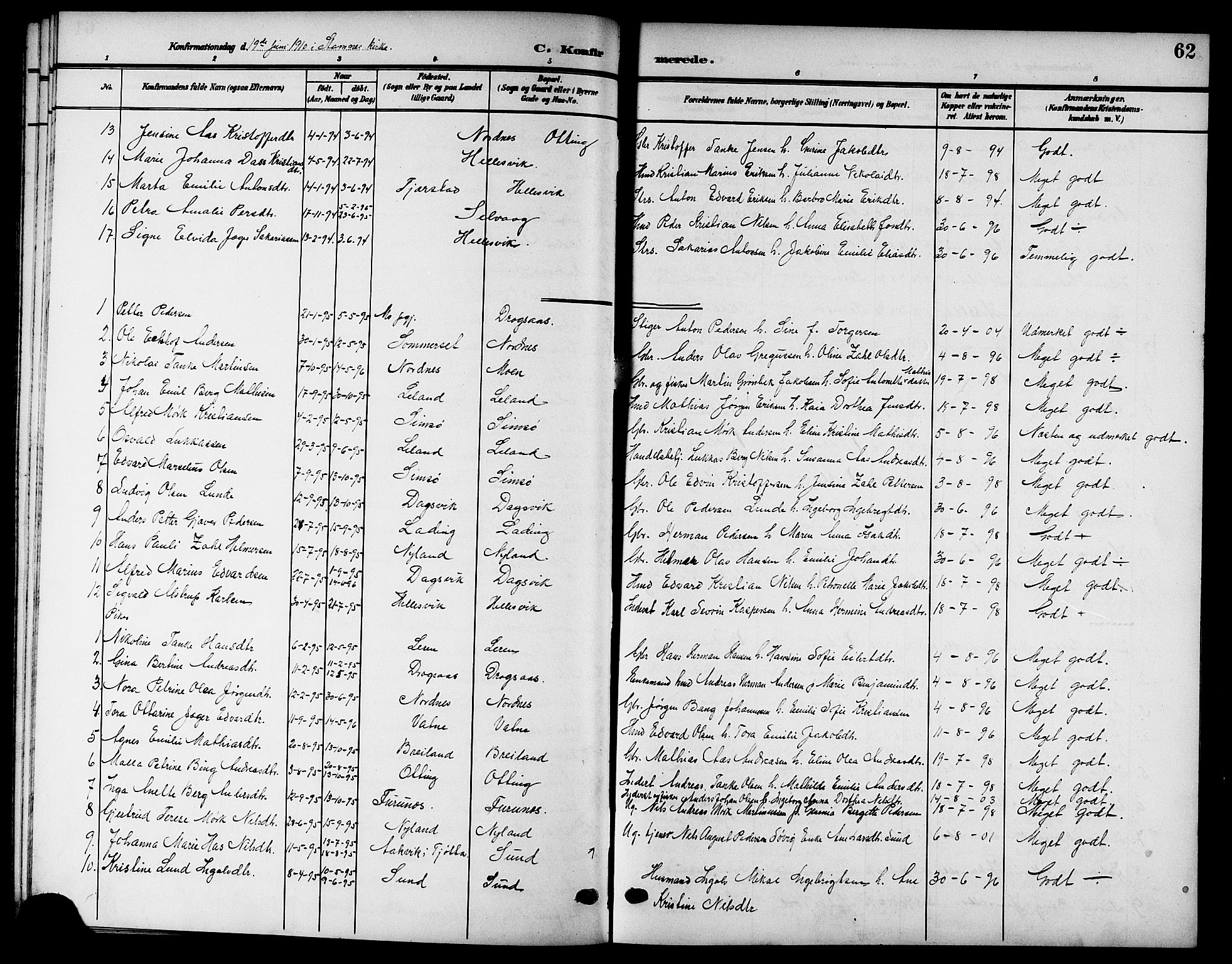 Ministerialprotokoller, klokkerbøker og fødselsregistre - Nordland, AV/SAT-A-1459/832/L0494: Klokkerbok nr. 832C01, 1906-1922, s. 62