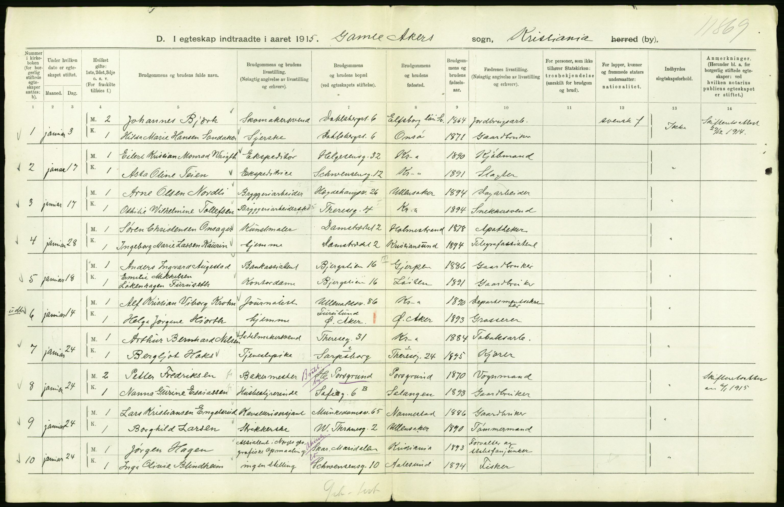 Statistisk sentralbyrå, Sosiodemografiske emner, Befolkning, AV/RA-S-2228/D/Df/Dfb/Dfbe/L0008: Kristiania: Gifte., 1915, s. 390