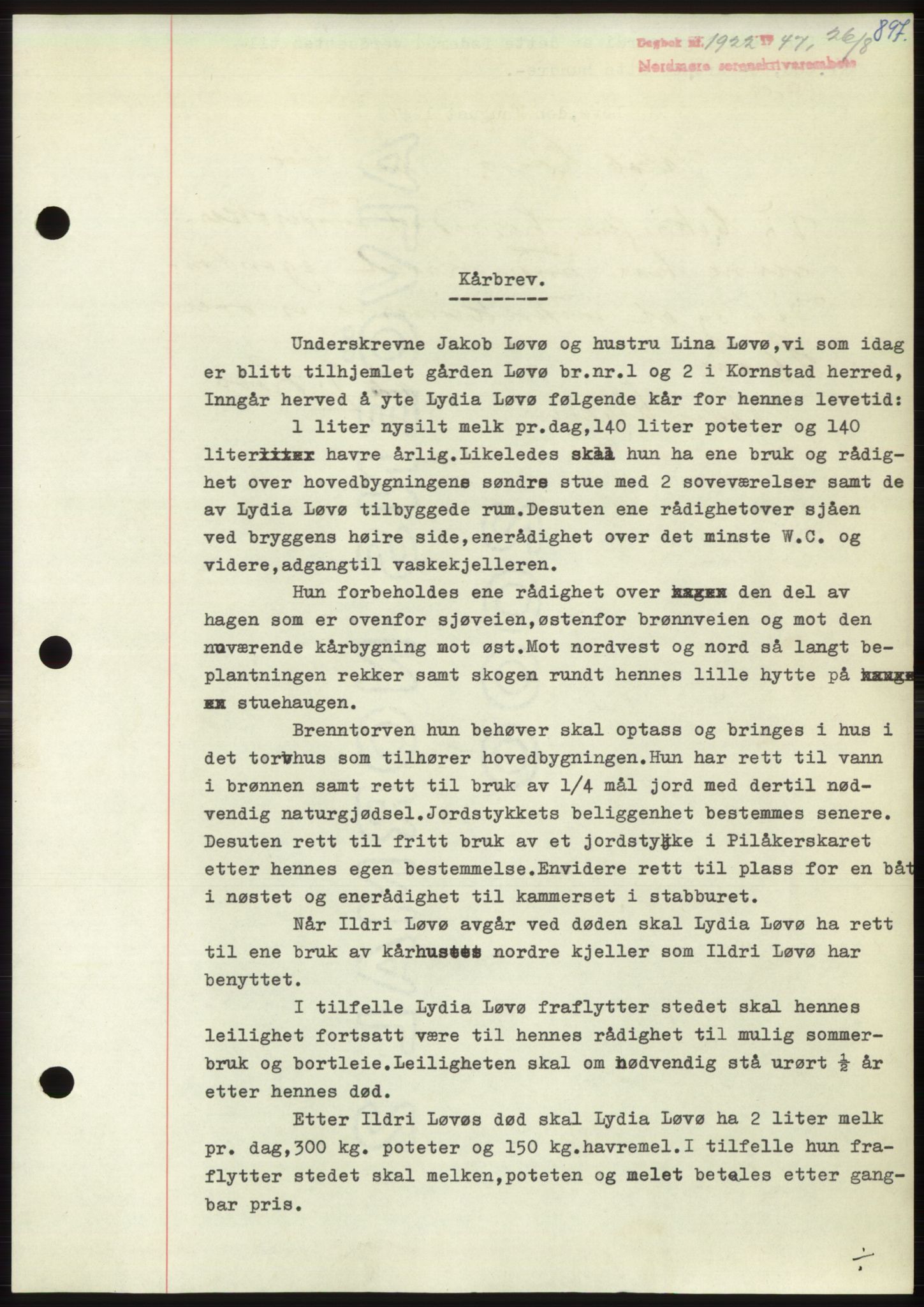Nordmøre sorenskriveri, SAT/A-4132/1/2/2Ca: Pantebok nr. B96, 1947-1947, Dagboknr: 1922/1947
