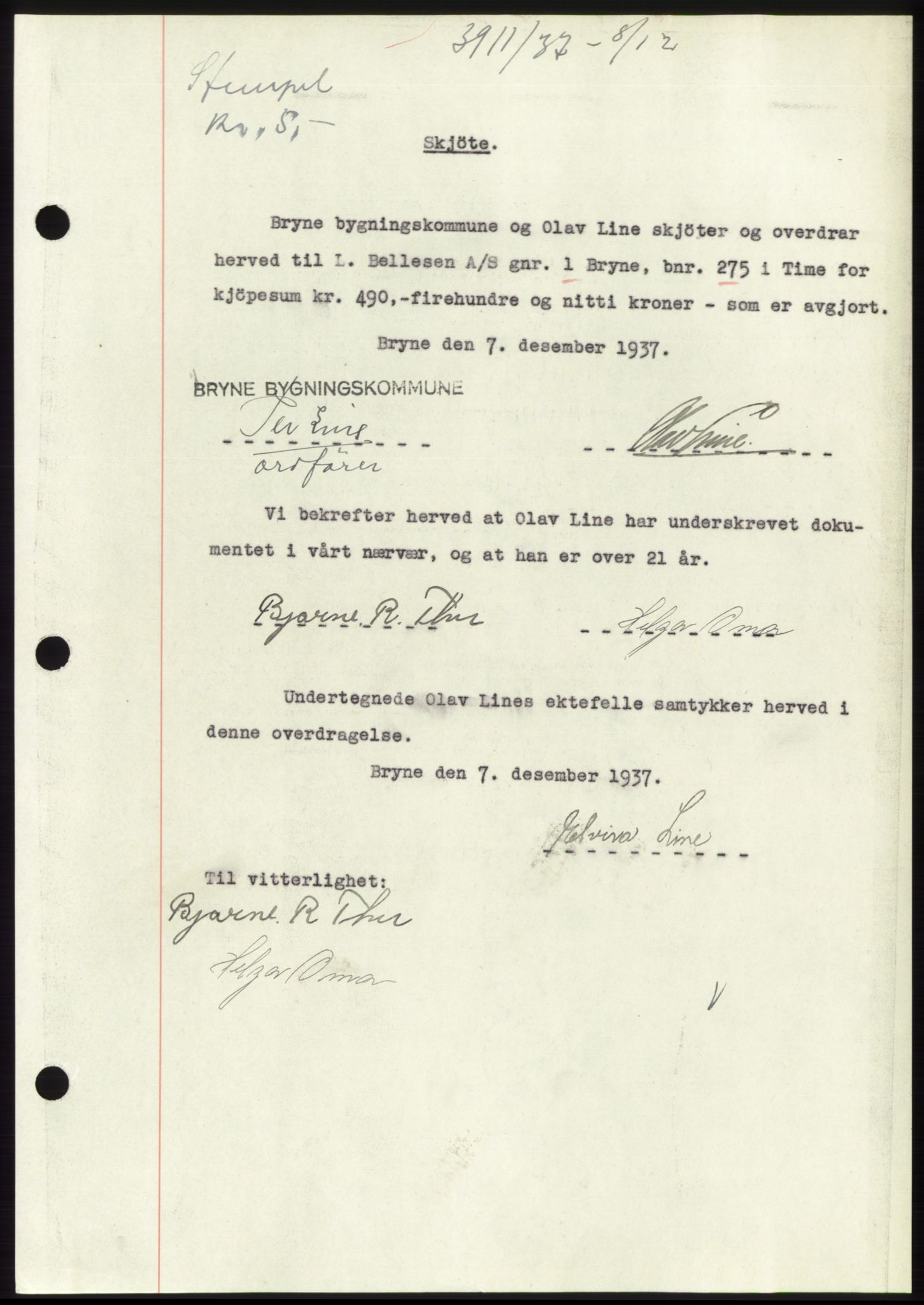 Jæren sorenskriveri, SAST/A-100310/03/G/Gba/L0069: Pantebok, 1937-1937, Dagboknr: 3911/1937