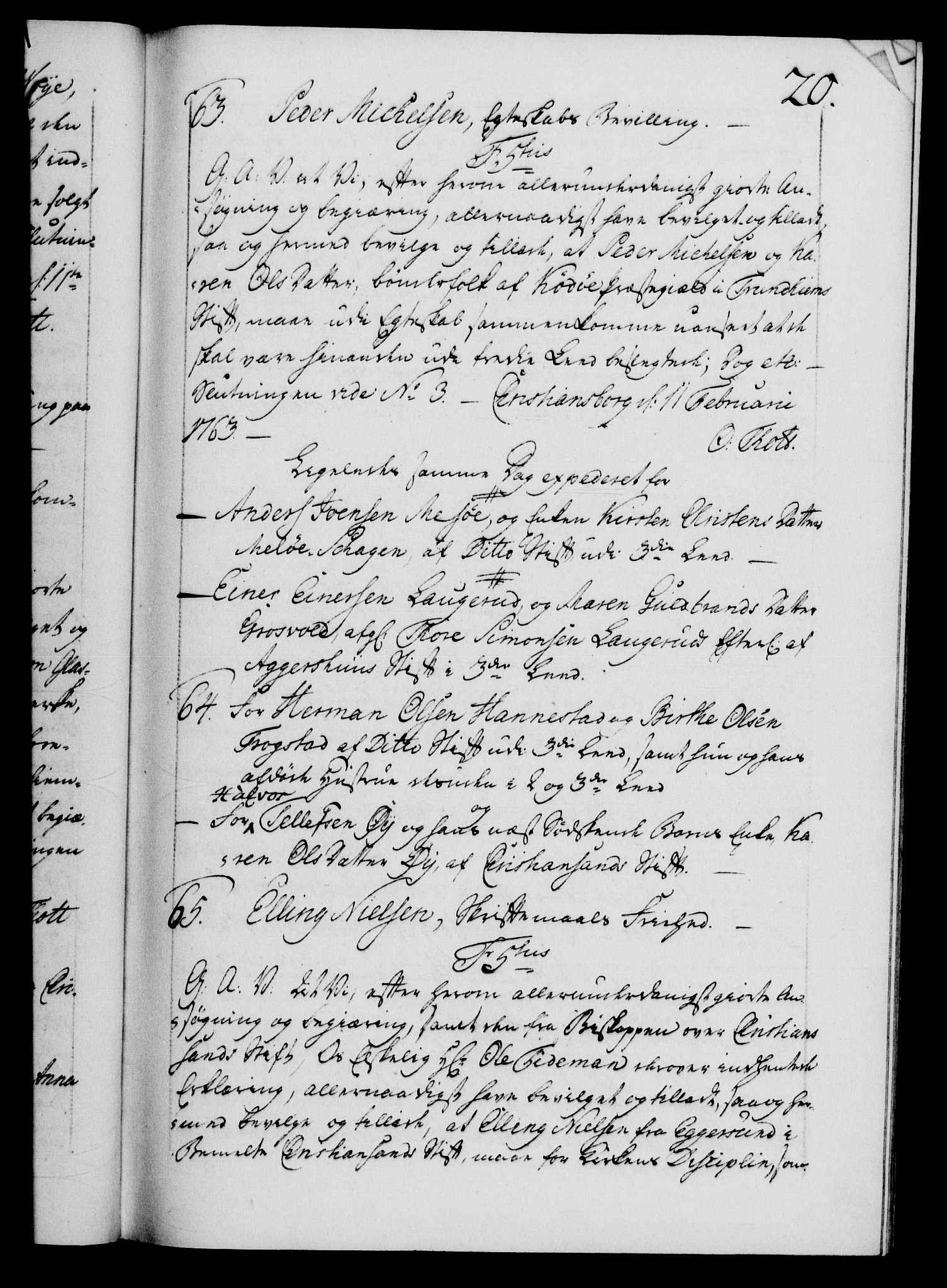 Danske Kanselli 1572-1799, AV/RA-EA-3023/F/Fc/Fca/Fcaa/L0042: Norske registre, 1763-1766, s. 20a