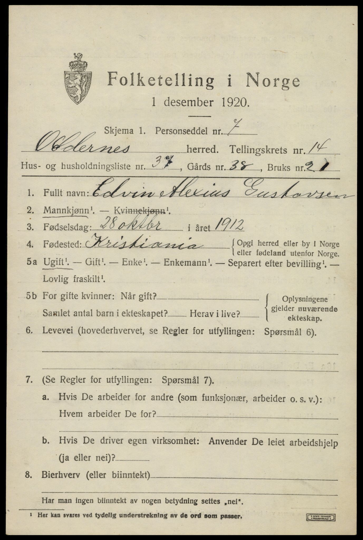 SAK, Folketelling 1920 for 1012 Oddernes herred, 1920, s. 8883