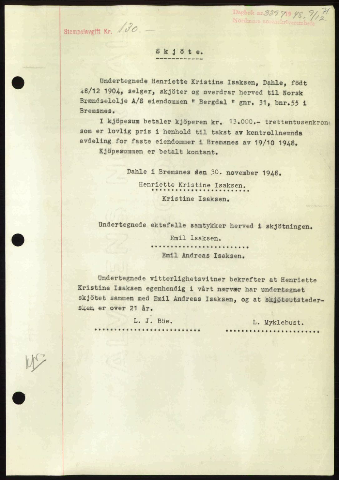 Nordmøre sorenskriveri, SAT/A-4132/1/2/2Ca: Pantebok nr. A110, 1948-1949, Dagboknr: 3397/1948