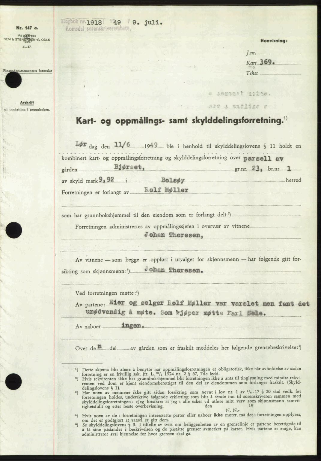 Romsdal sorenskriveri, SAT/A-4149/1/2/2C: Pantebok nr. A30, 1949-1949, Dagboknr: 1918/1949