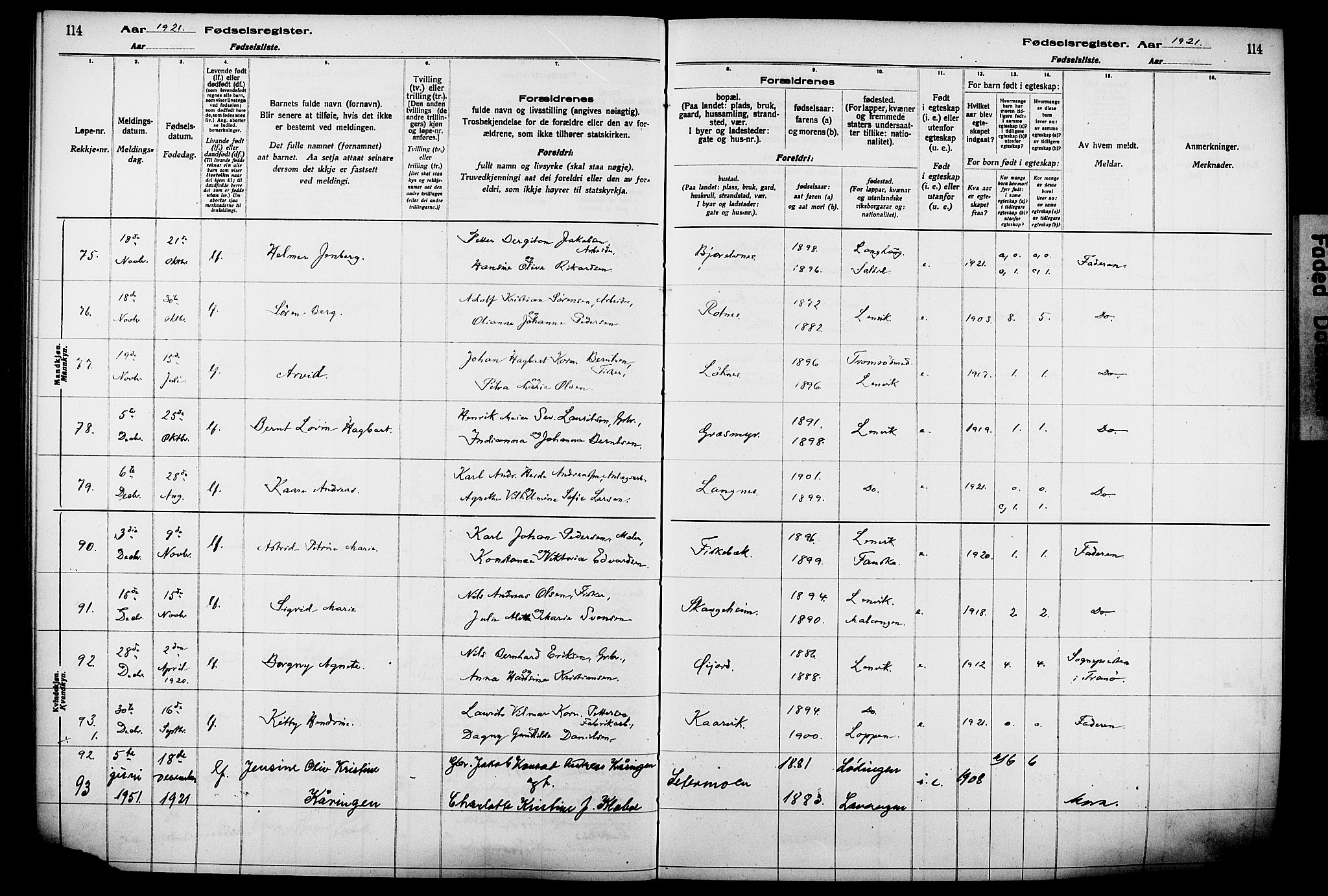 Lenvik sokneprestembete, AV/SATØ-S-1310/I/Ic/L0089: Fødselsregister nr. 89, 1916-1926, s. 114